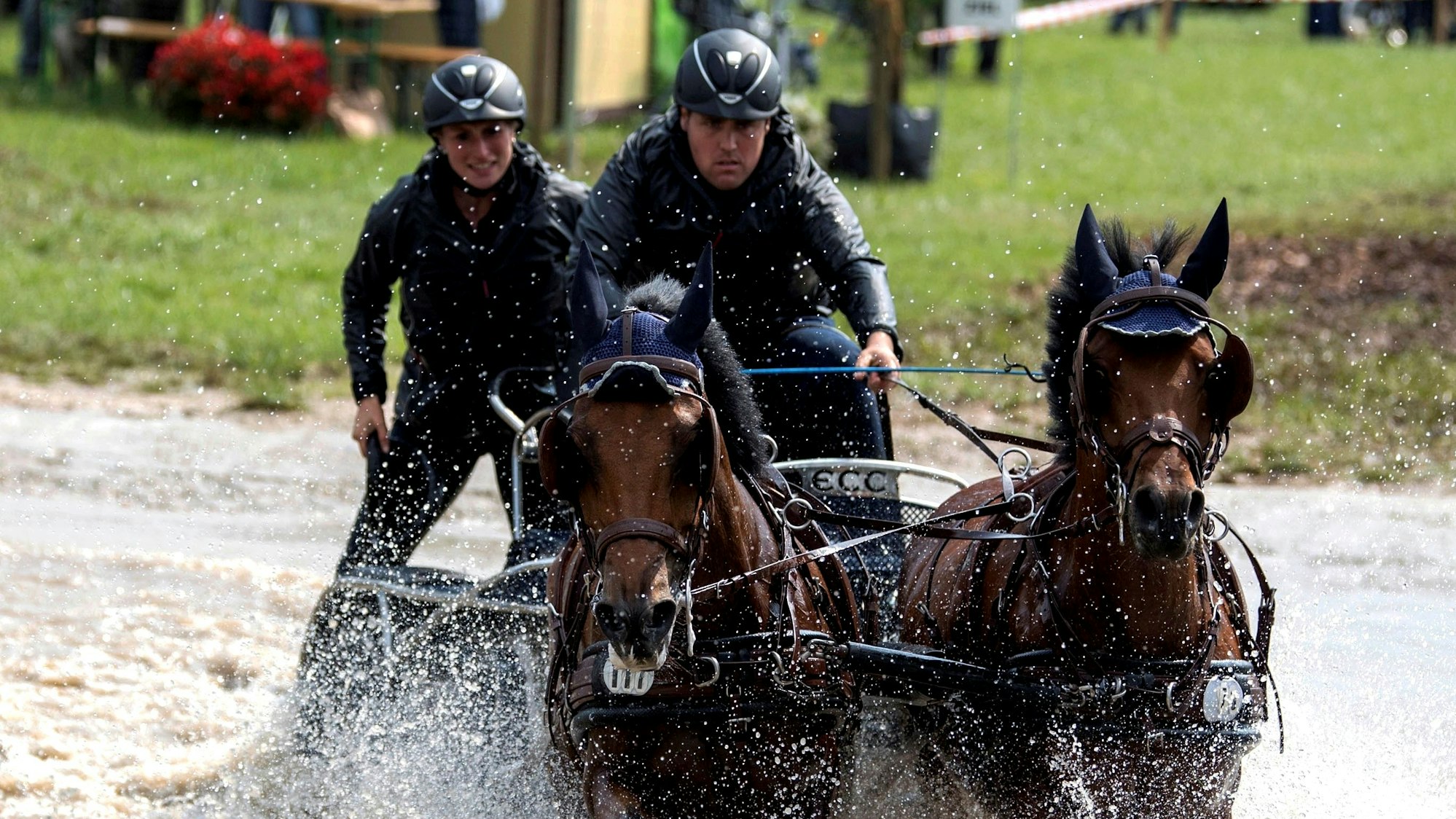 Das Bild zeigt zwei Pferde, dahinter zwei Menschen in einer Kutsche. Das Gespann durchquert ein Wasserhindernis.