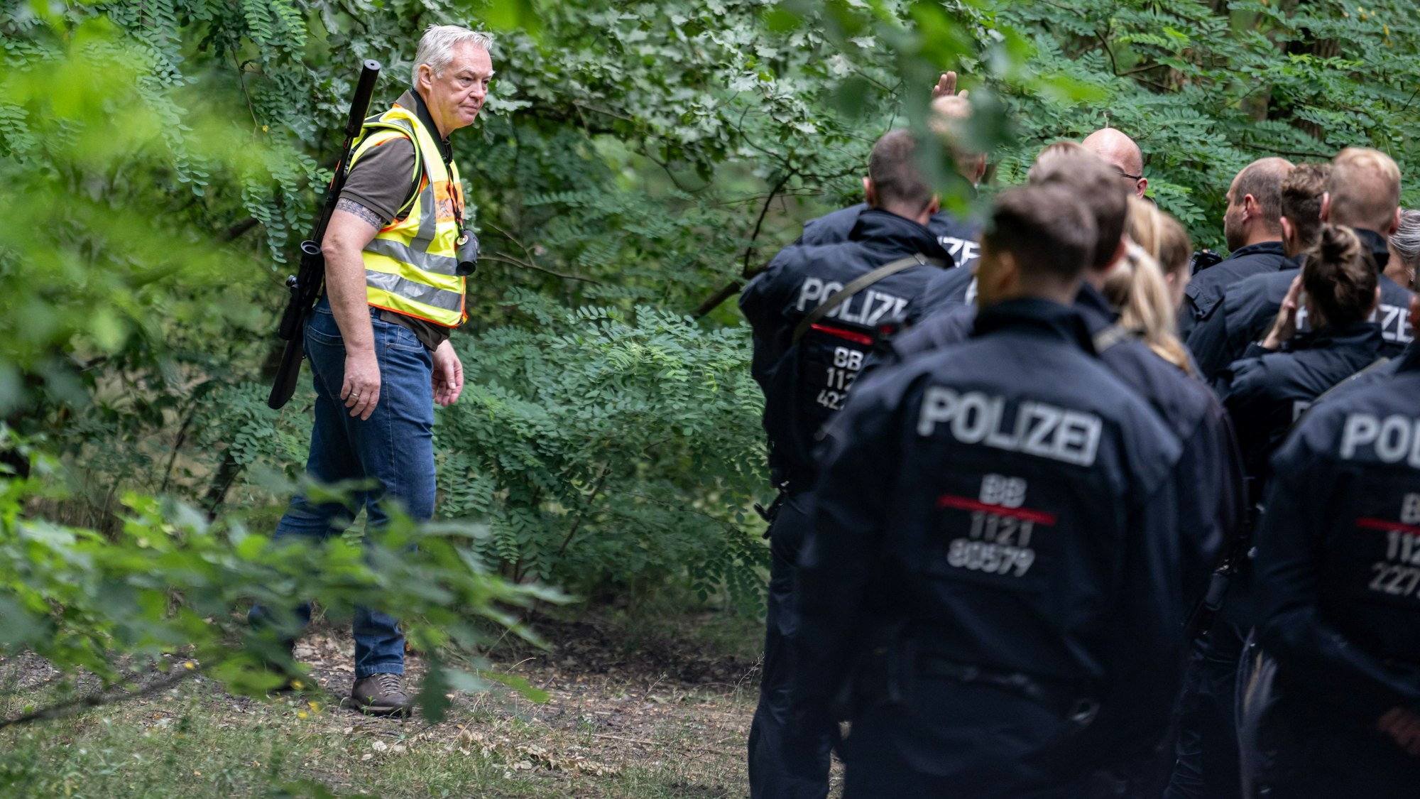 Suche nach Großkatze in Kleinmachnow: Der Gemeindejäger und Polizisten durchsuchen ein Waldareal.