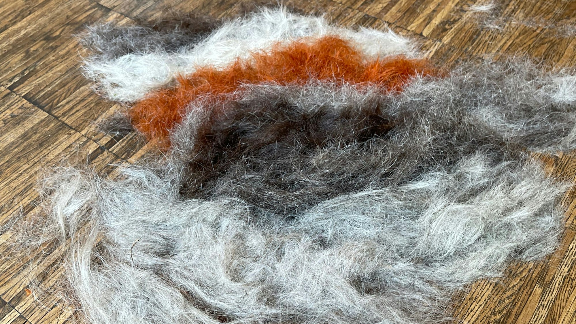 Ein Haufen aus grauen, dunklen und roten Haaren liegt auf einem Holzfußboden.