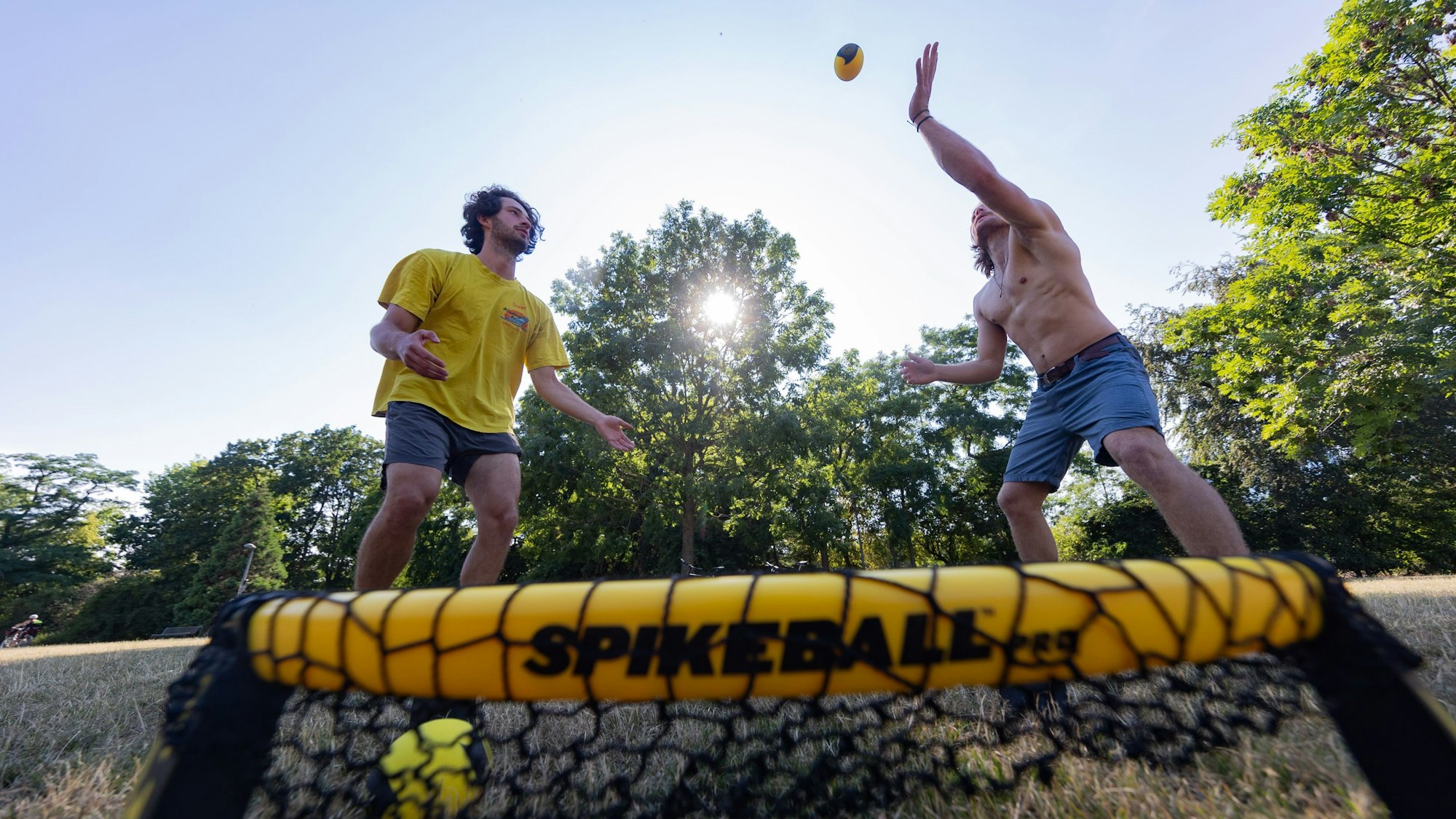 Sportstudenten spielen an einem schattigen Plätzchen Spikeball.