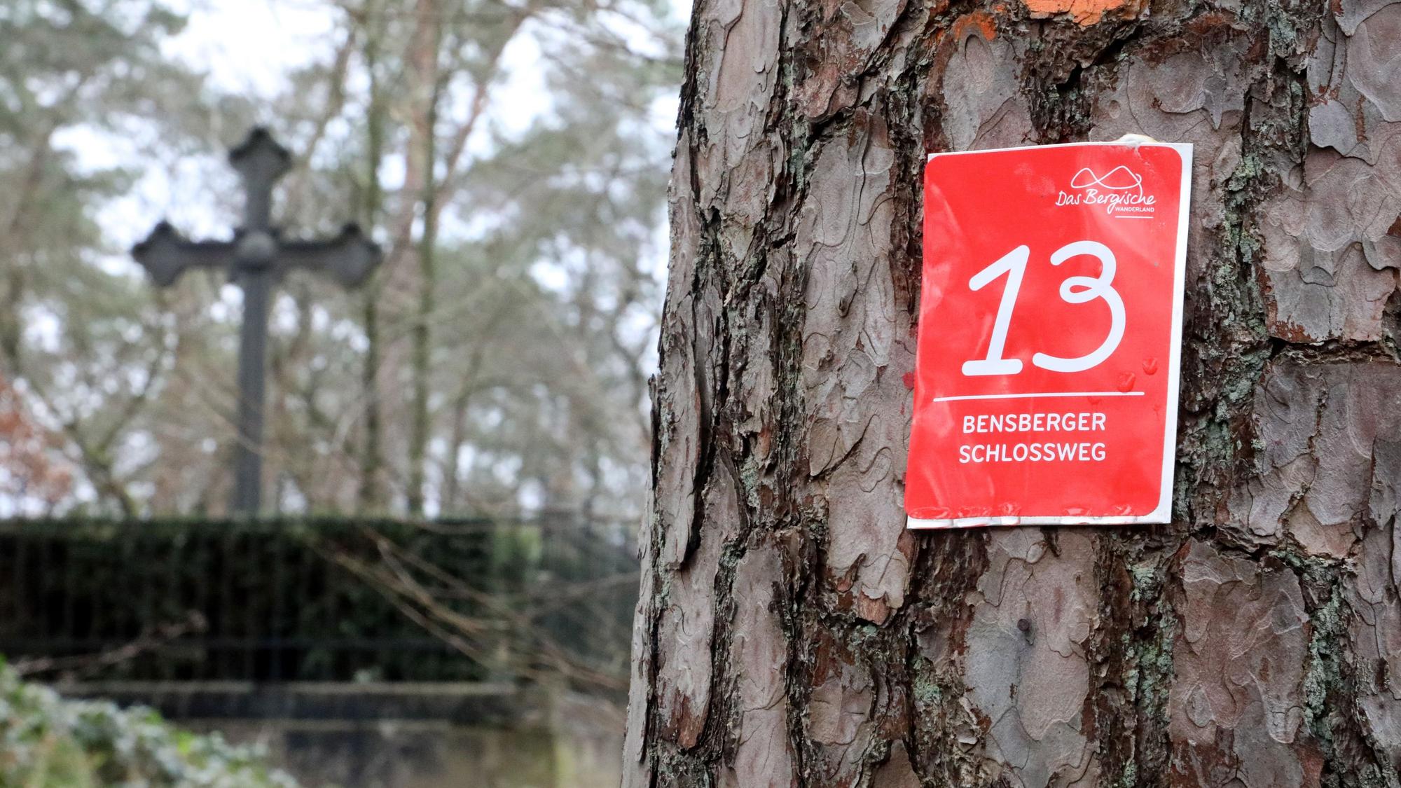 Hinter einem Baum mit der Wegemarkierung des Bensberger Schlosswegs ist ein eisernes Kreuz zu sehen.