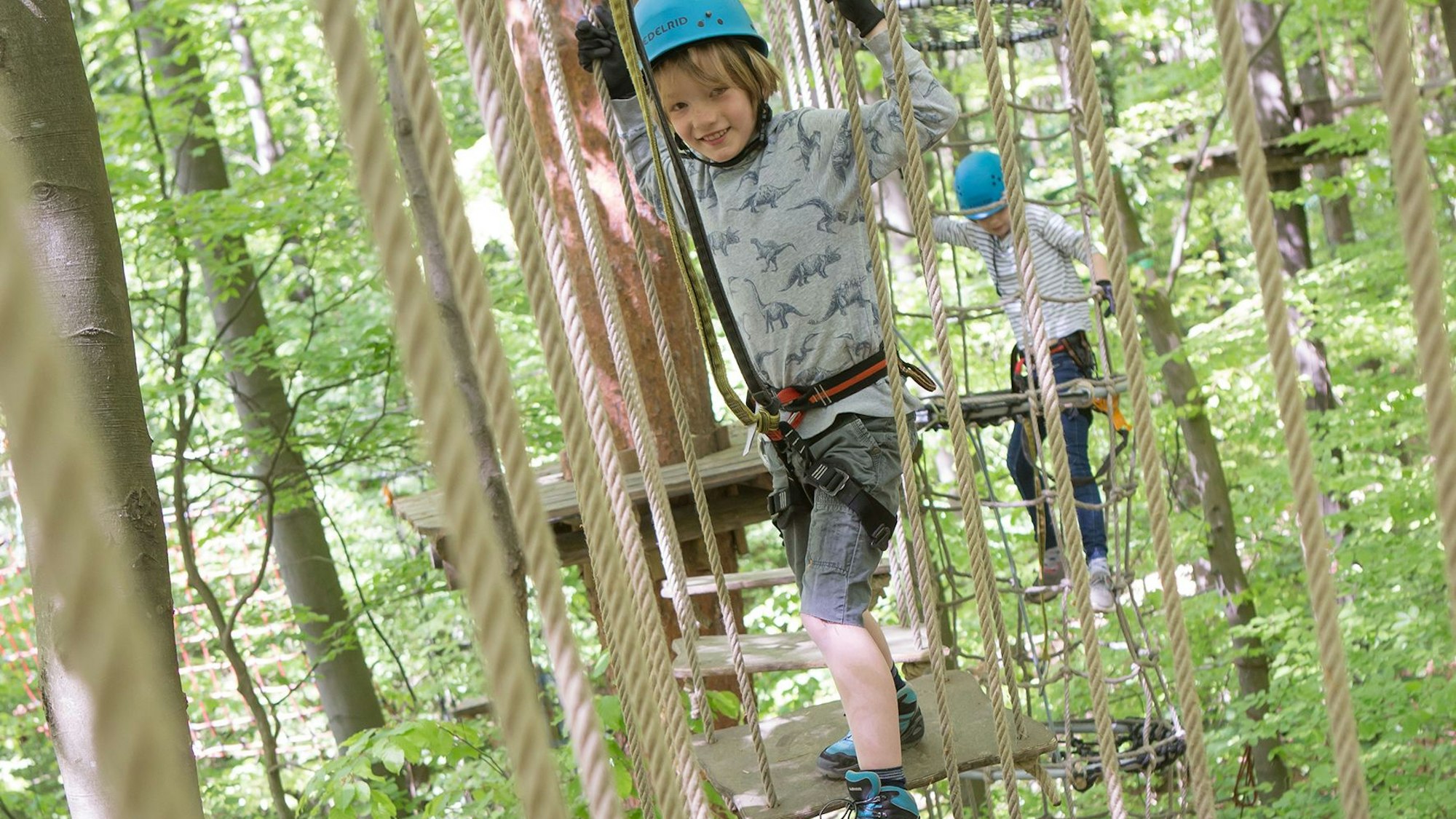 Ein wagemutiger, gut gesicherter Junge hangelt sich in luftiger Höhe zwischen Bäumen von Holzpodest zu Holzpodest.