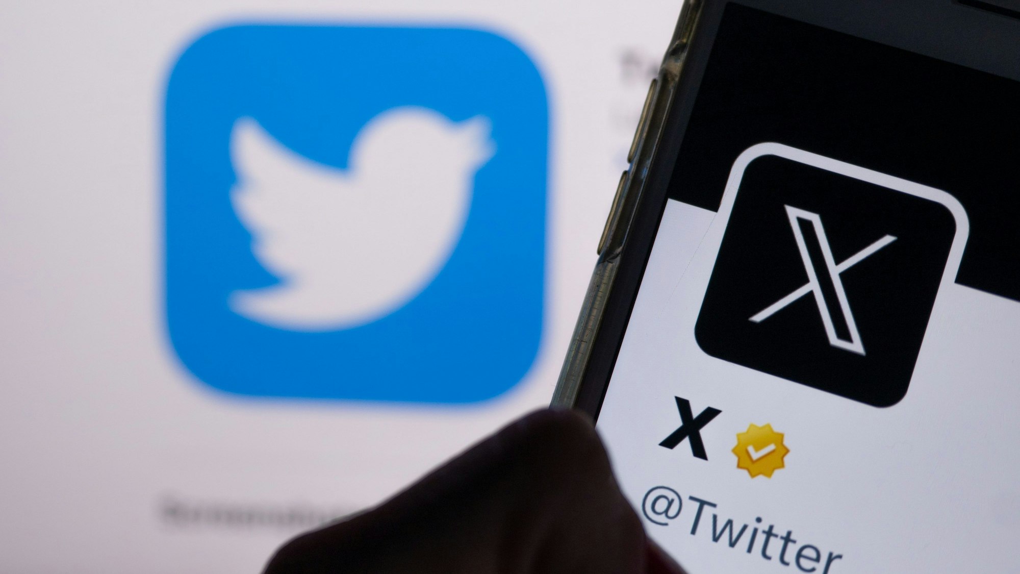 Auf dem offiziellen Profil von Twitter auf dem Bildschirm eines Smartphones ist der weiße Buchstabe X auf schwarzem Hintergrund zu sehen, während im Hintergrund das bisherige Logo des Kurznachrichten-Dienstes Twitter angezeigt wird.