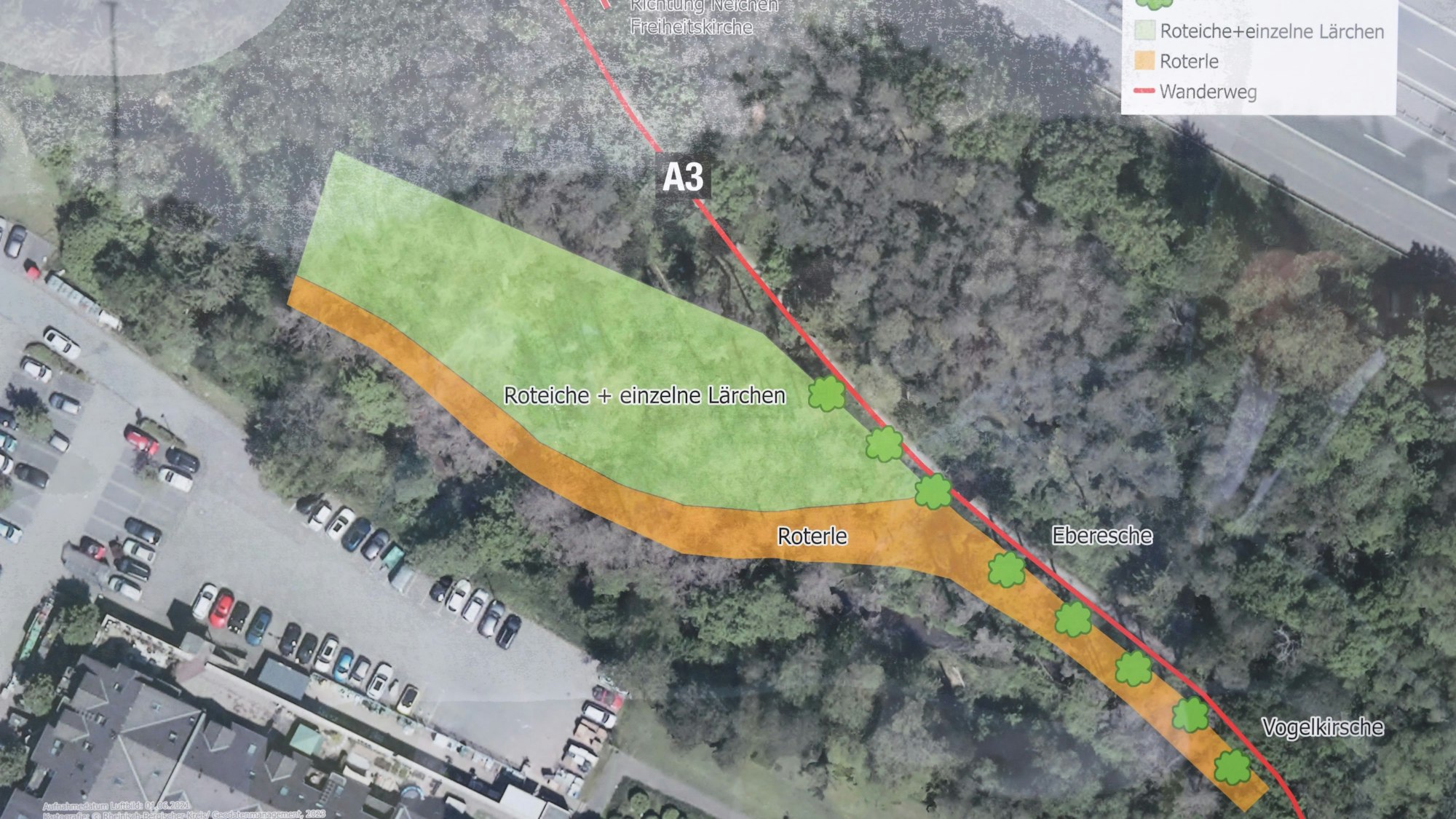 Auf dem Luftbild der Bürgerstiftung ist die Lage des Waldes farblich markiert.