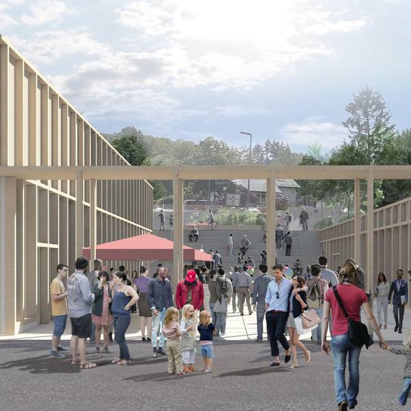 Die Grafik des Architekturbüros zeigt die künftige dreiteilige Markthalle Waldbröl mit vielen Besucherinnen und Besuchern.