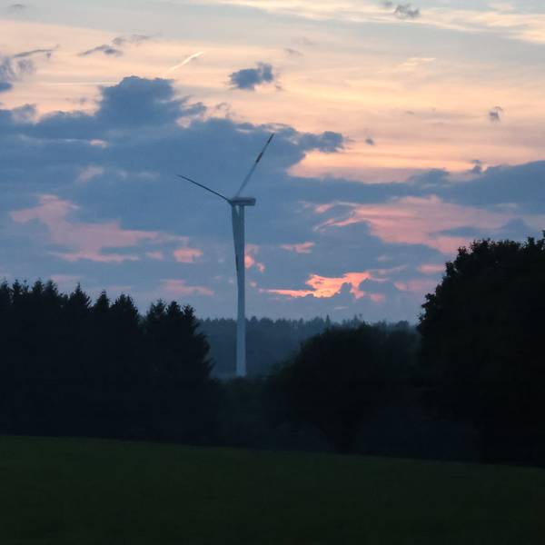 Ein Windrad dreht sich im Sonnenuntergang im Wald.