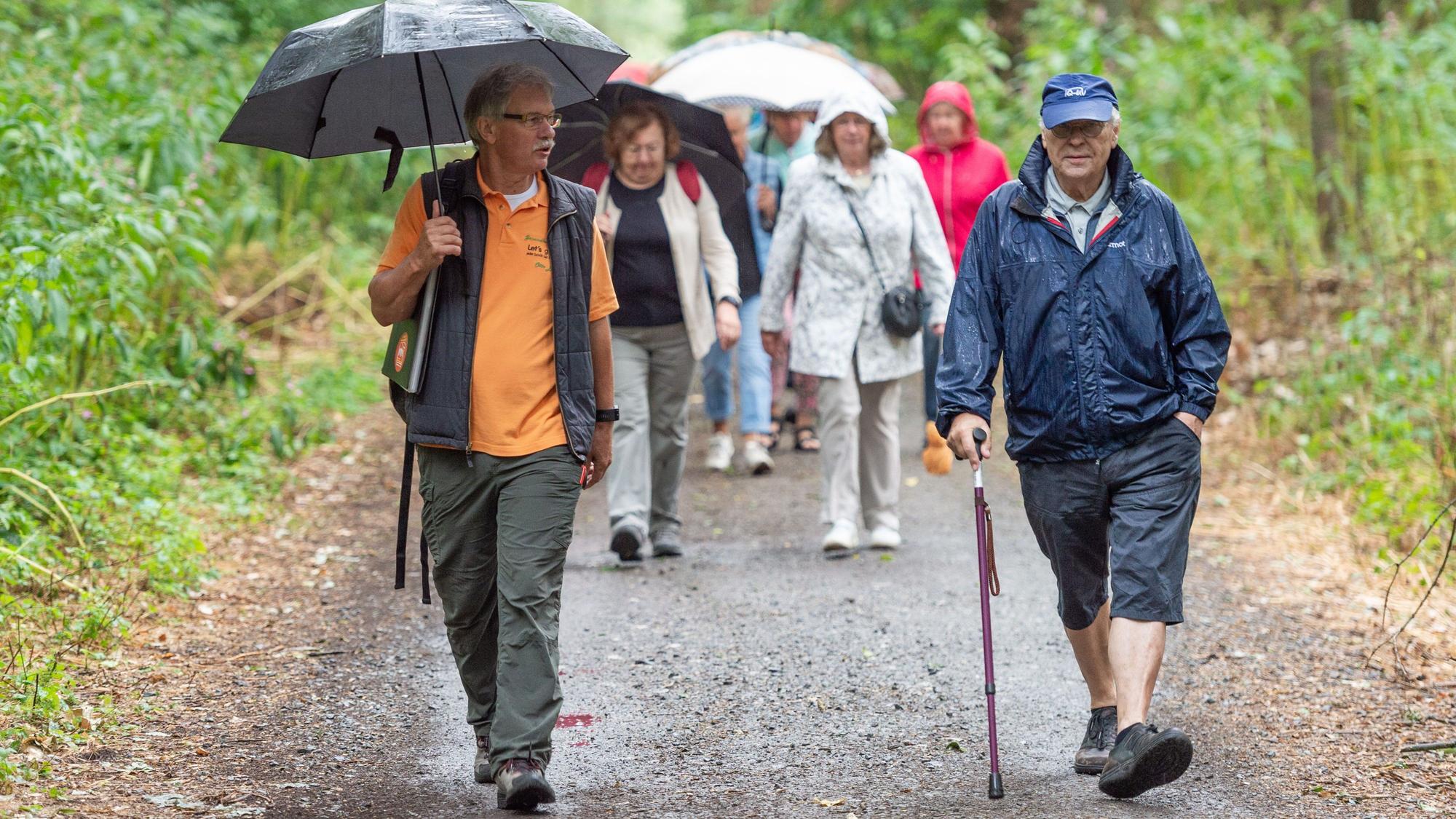 Gesundheitswanderführer wandert mit einer Gesundheitswandergruppe auf einem Schotterweg.