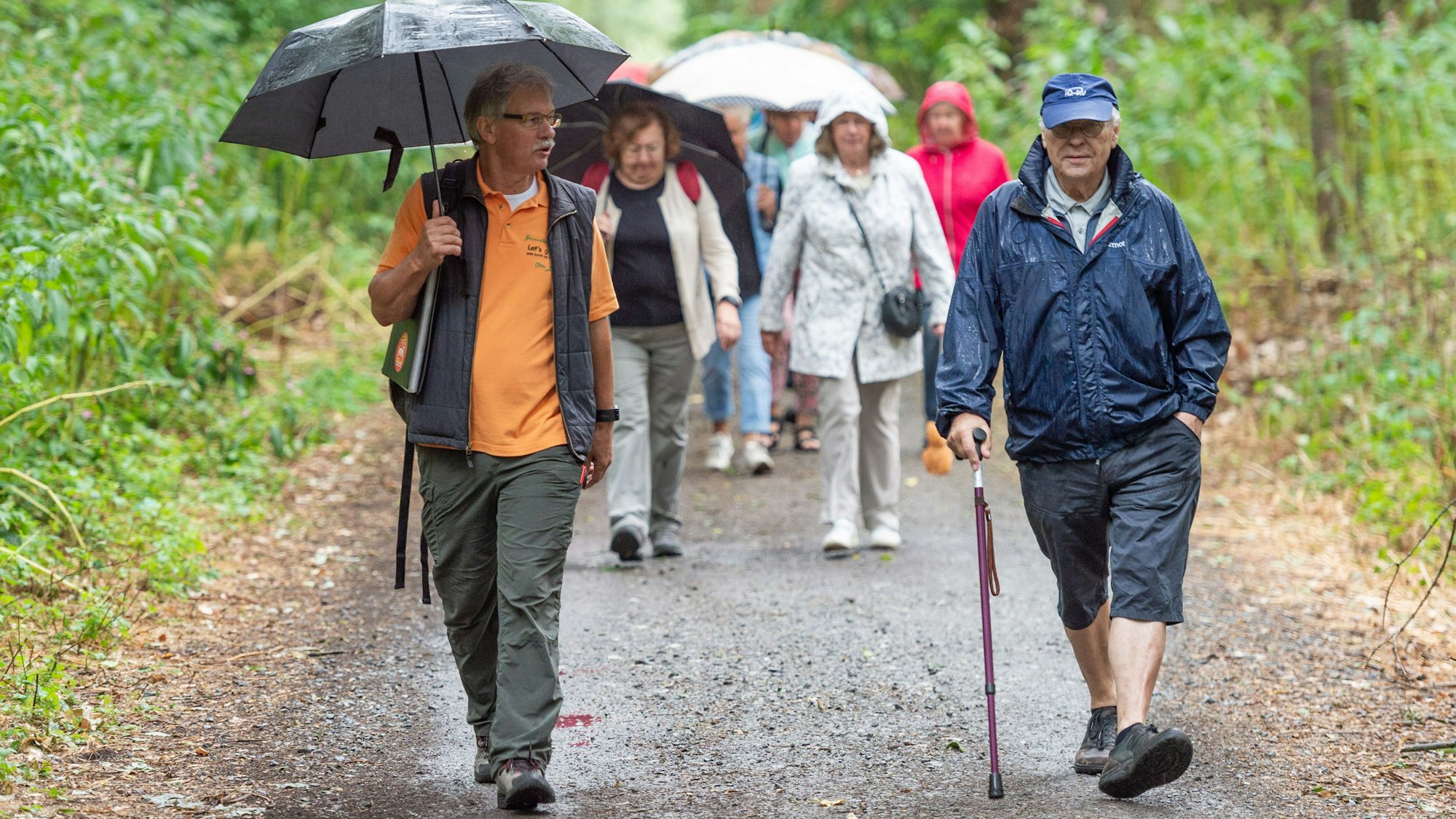 Gesundheitswanderführer wandert mit einer Gesundheitswandergruppe auf einem Schotterweg.