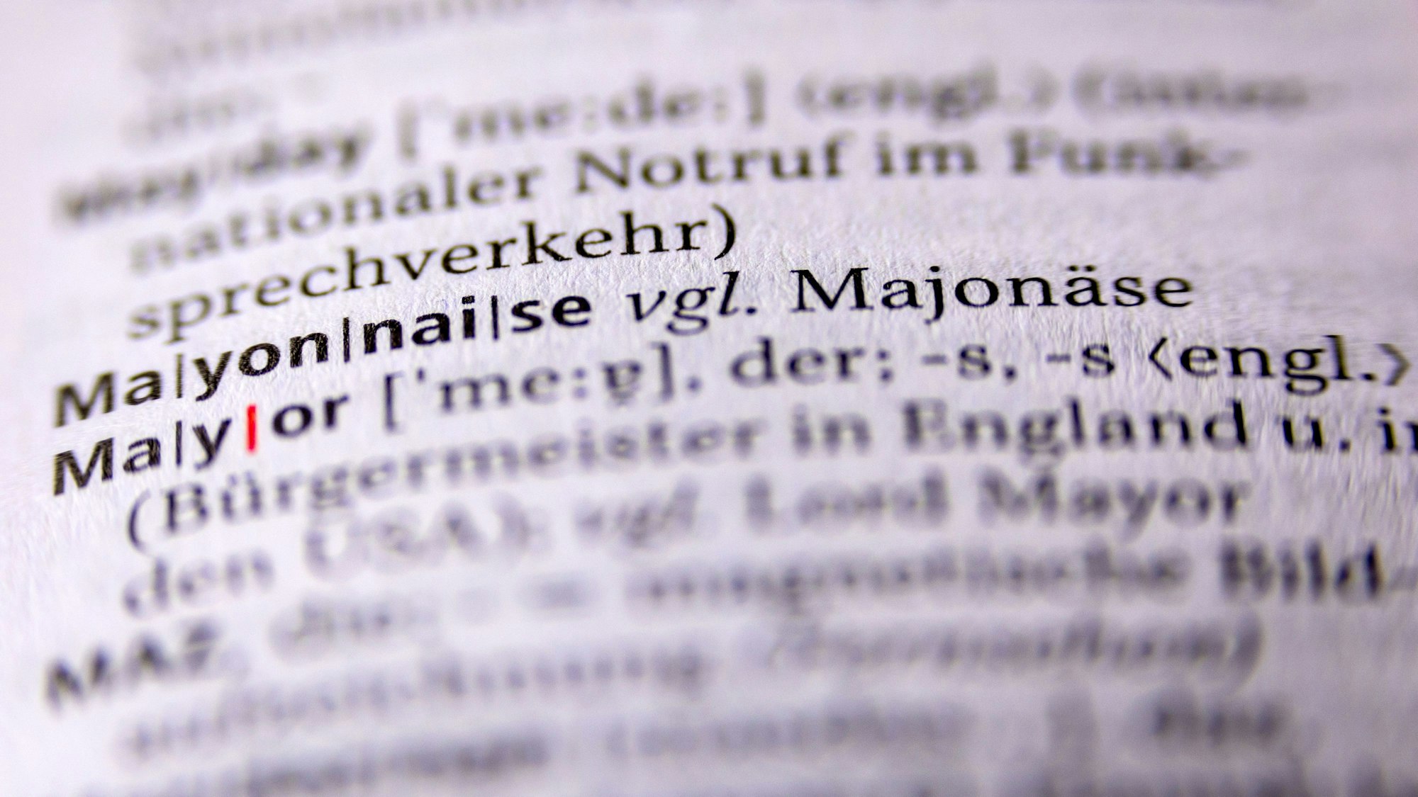 Die Worte, ·Mayonnaise· und im Vergleich dazu „Majonäse“ auf einer Seite des Duden mit den Regeln der deutschen Rechtschreibung.
