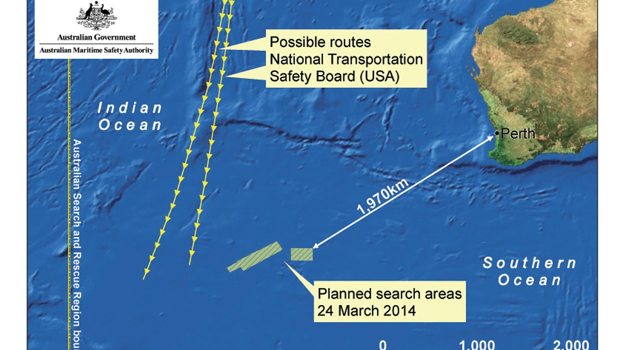 Das Suchgebiet im südlichen Indischen Ozean, fast 2000 Kilometer westlich von Australien. Trotz mehrerer Versuche konnten die Behörden keine Spur von Flug MH370 von Malaysian Airlines entdecken.