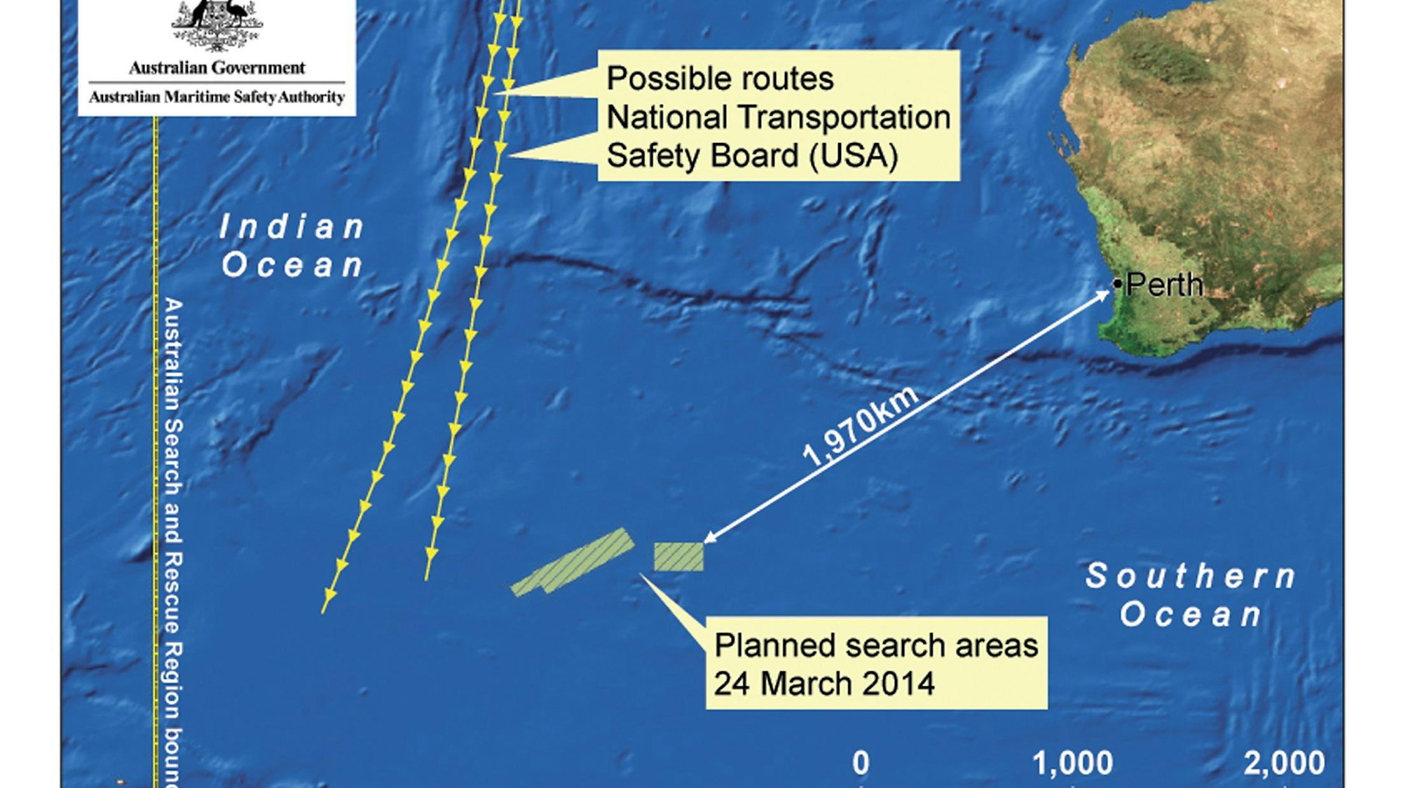 Das ursprüngliche Suchgebiet vor der Westküste Australiens. Mehrere Schiffe und Tiefseeroboter hatten nach Flug MH370 gesucht, bisher ohne Erfolg.