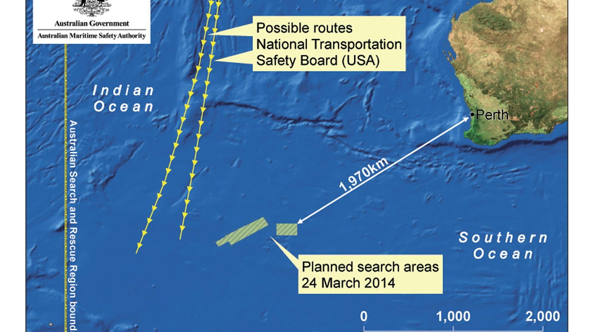 Die vermutete Absturzstelle von Flug MH370 im südlichen Indischen Ozean. Neueste Untersuchungen gehen davon aus, dass die Boeing 777 deutlich weiter nördlich ins Meer stürzte.