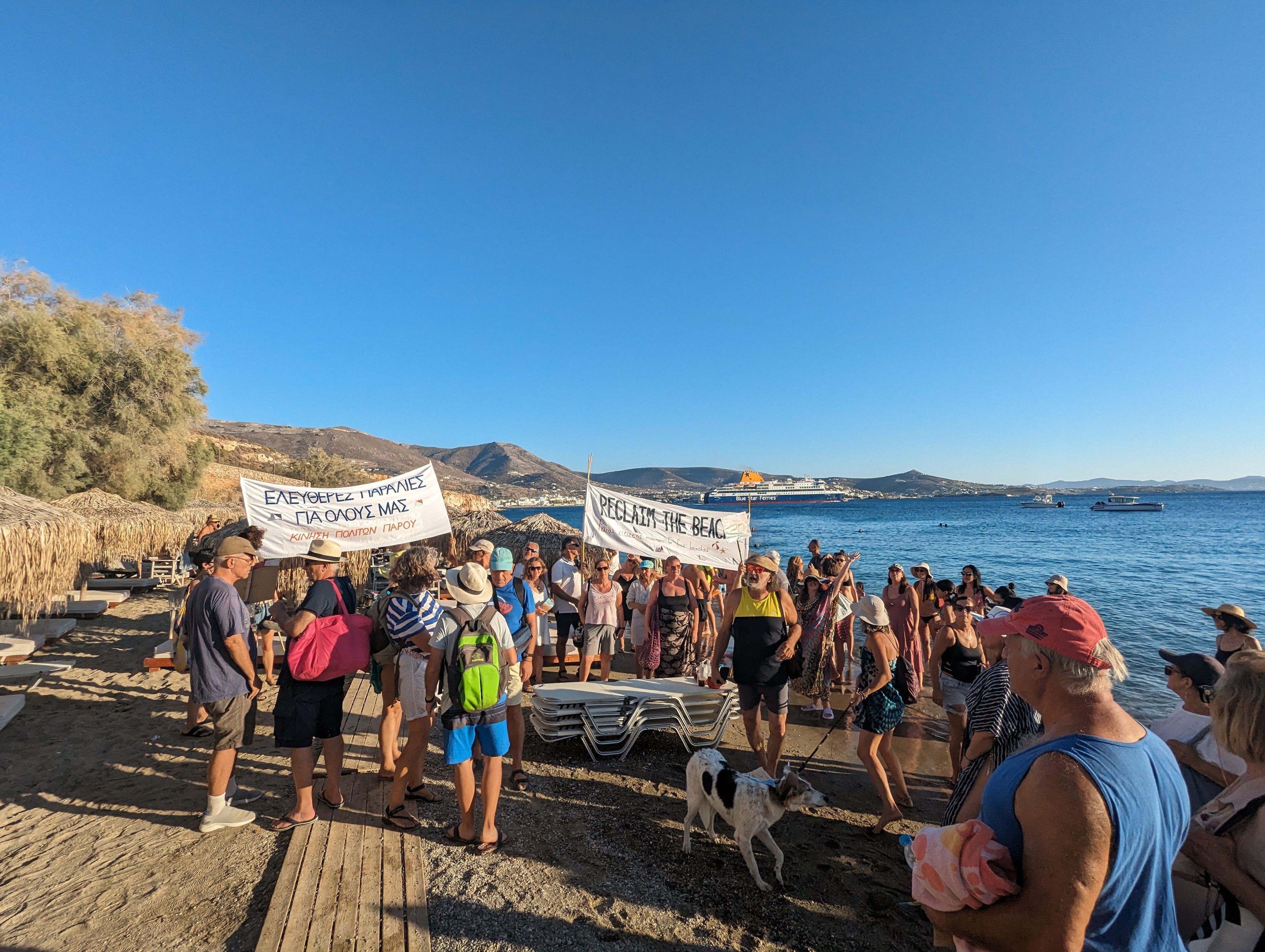 Menschen demonstrieren mit Bannern mit der Aufschrift „Reclaim the beach“ an einem Strand.