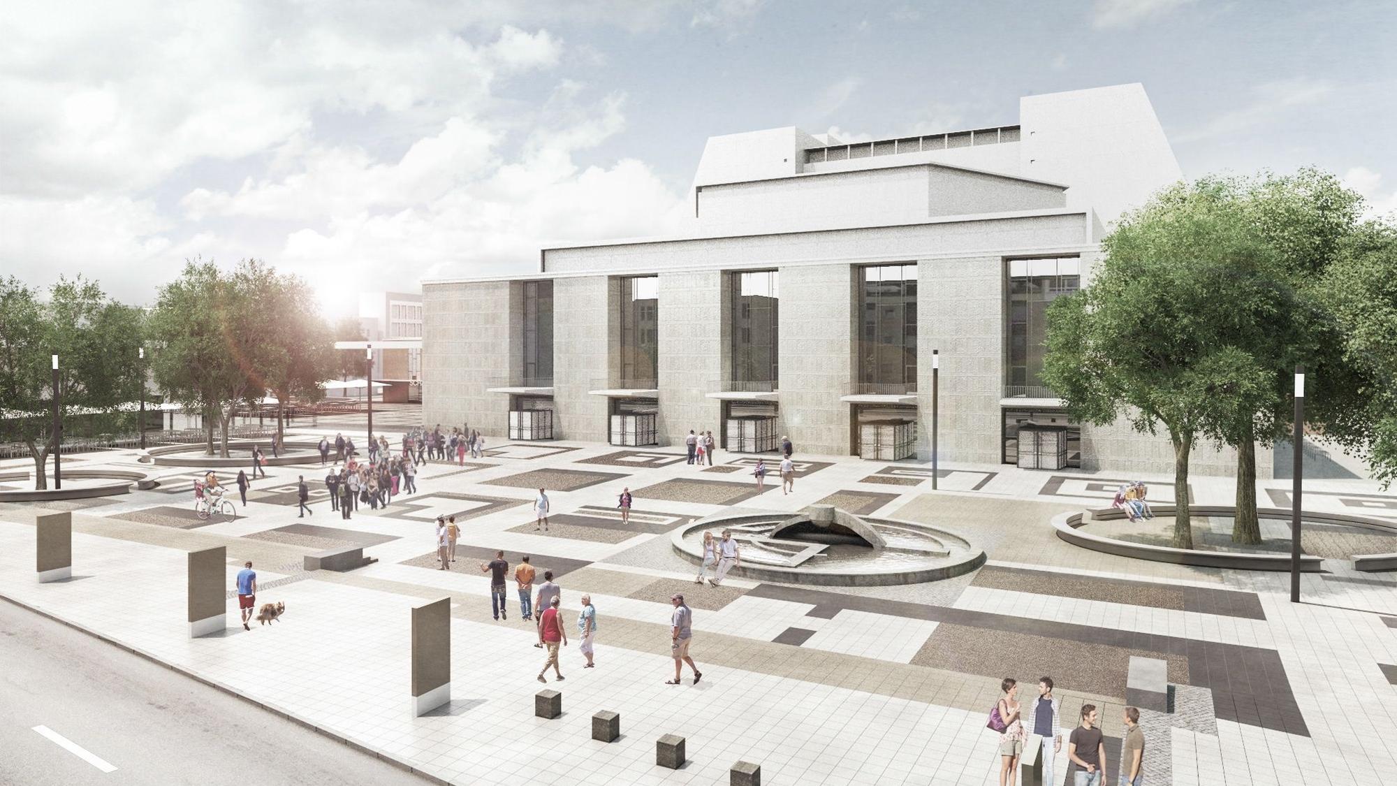 Die Visualisierung zeigt den Offenbachplatz vor der Oper mit den Ringmöbeln und dem Brunnen.