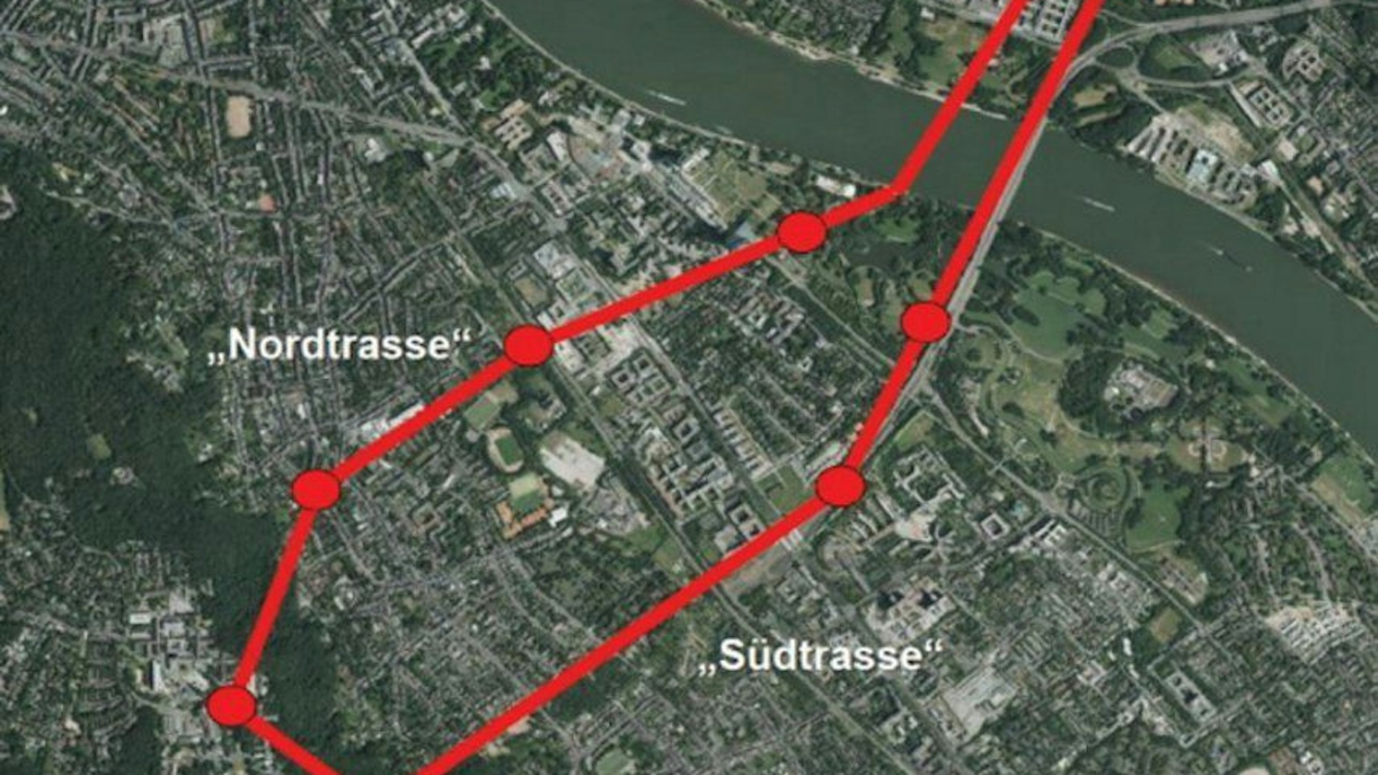 Eine Karte zeigt die geplante Trasse für das Seilbahnprojekt in Bonn.