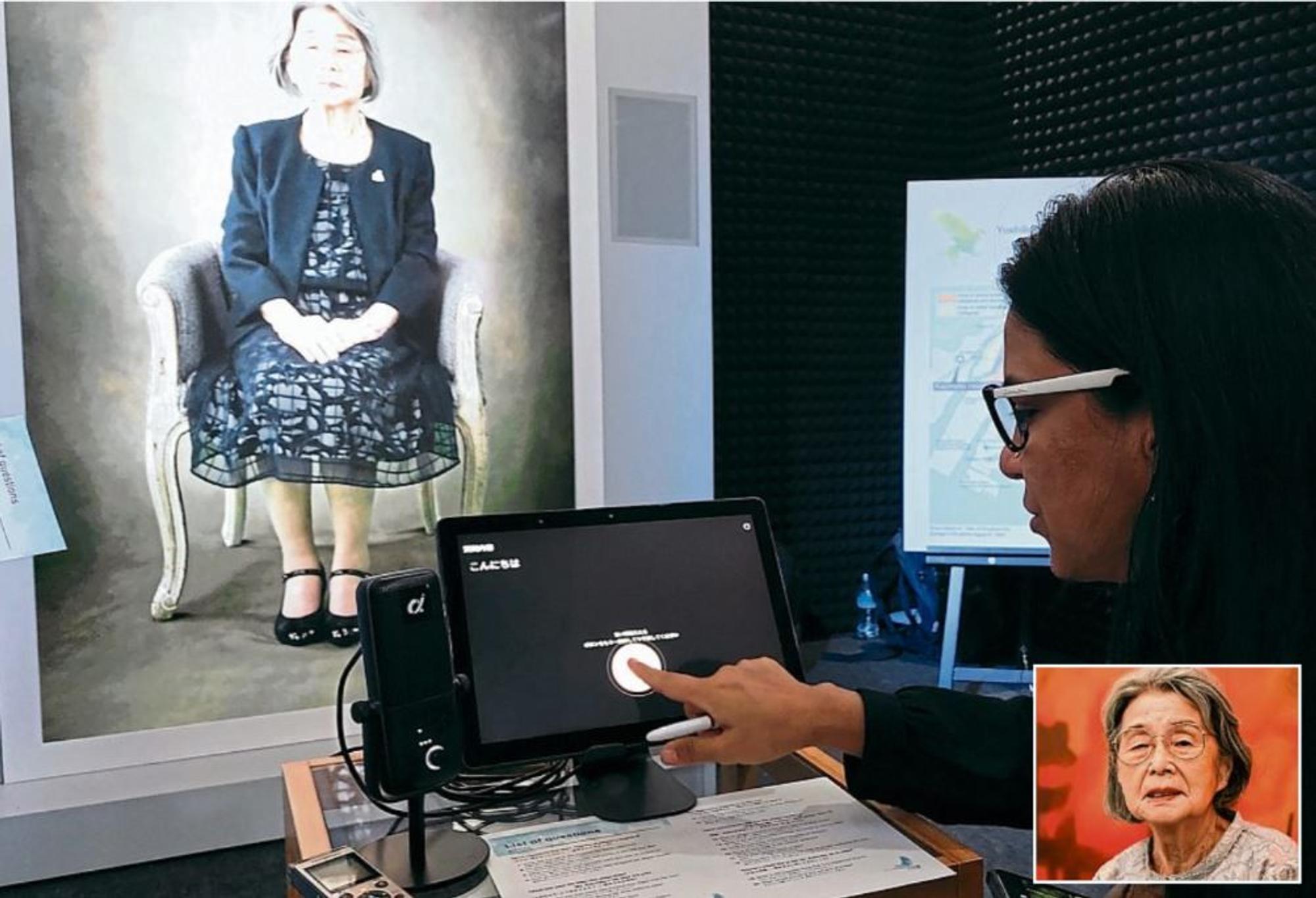 Ein Avatar als Zeitzeuge: Die 91-jährige Yoshiko Kajimoto (kleines Bild) steht den Musuemsbesuchern virtuell Rede und Antwort.
