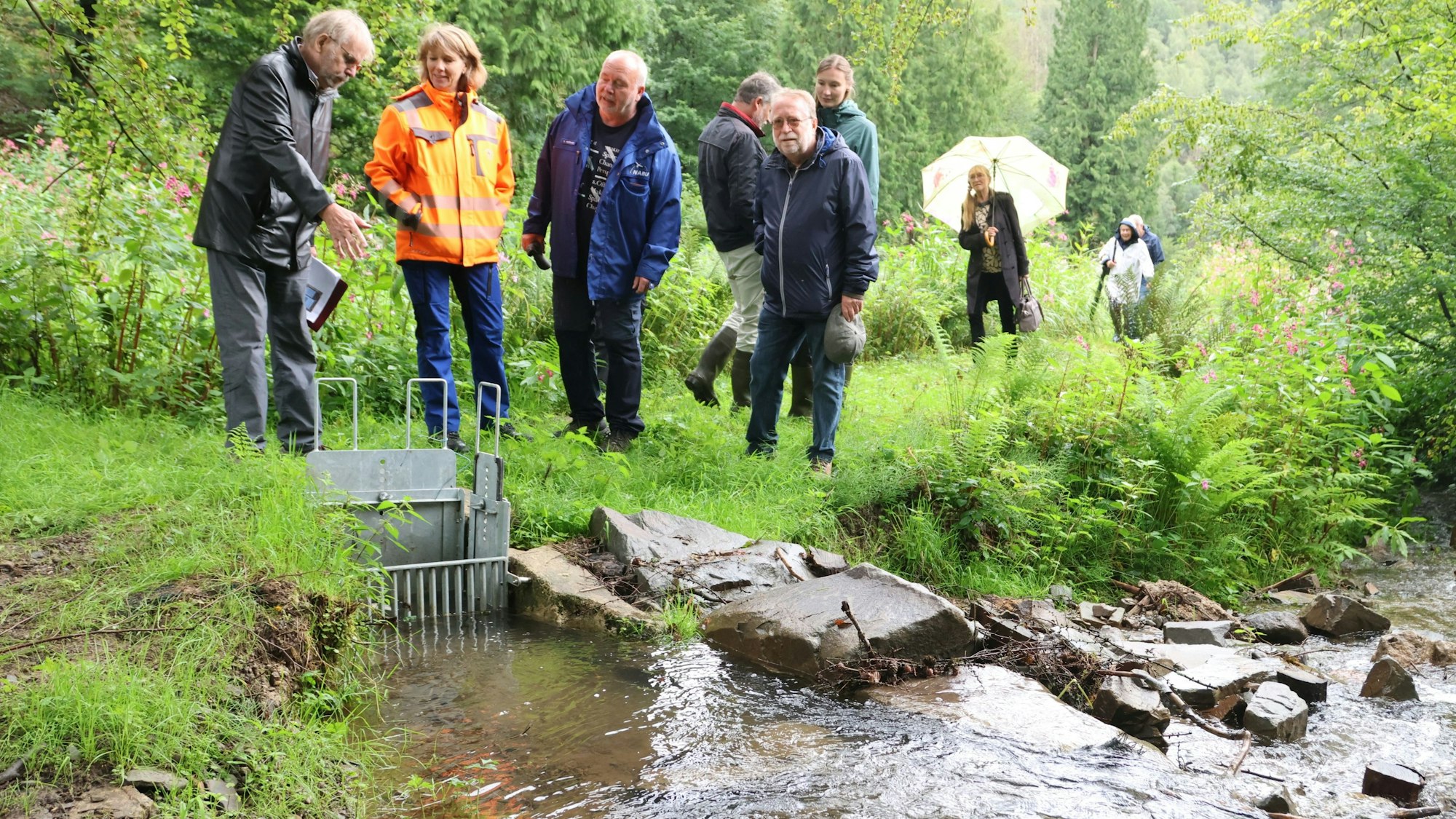 Amphibienteiche Hummentalsiefen, Klaus Jung (l.) erklärt den oberen Einlauf, rechts Fischsteige