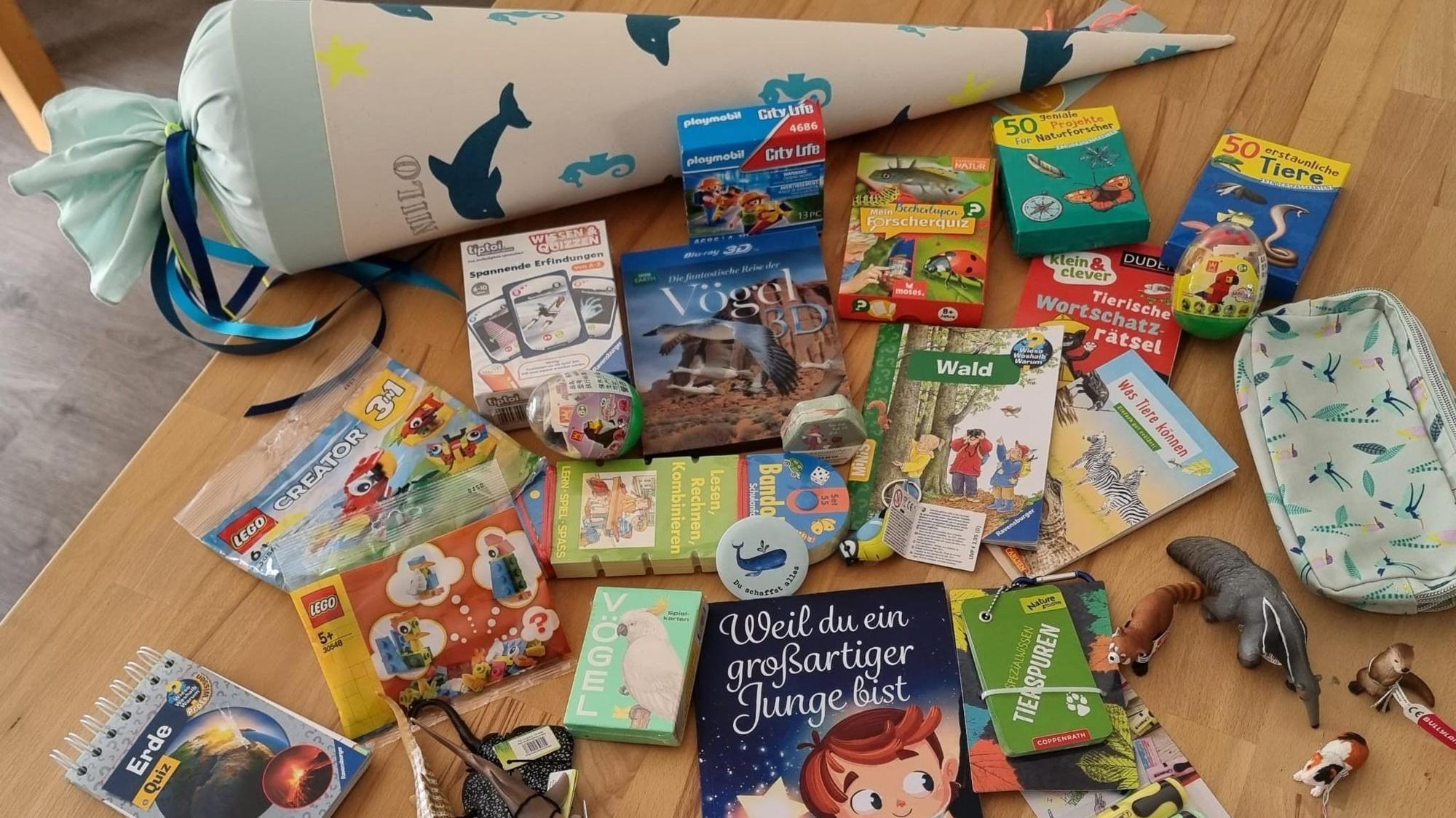 Auf einem Tisch liegen nicht nur die Schultüte, sondern auch zahlreiche Bücher.