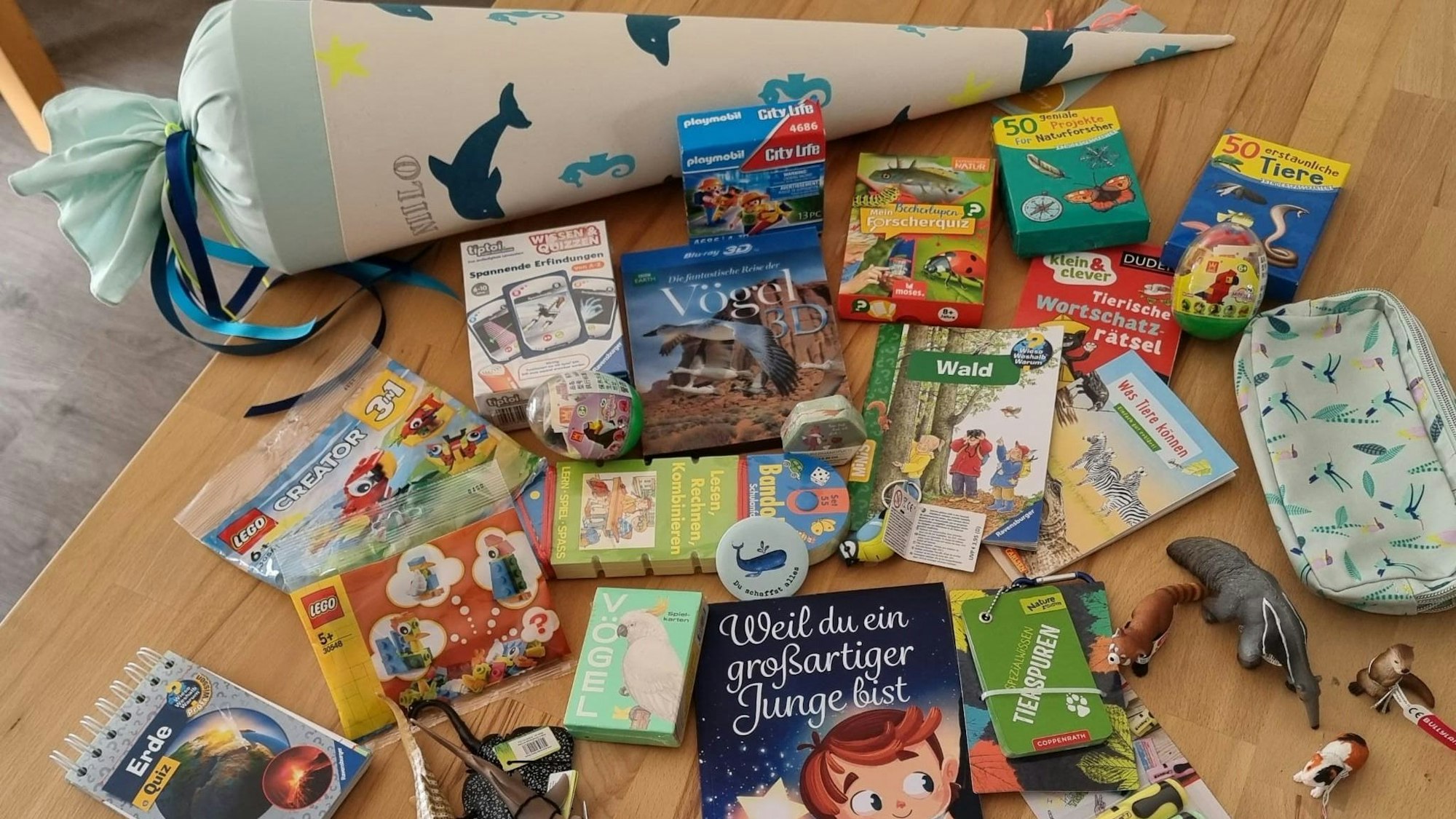 Auf einem Tisch liegen nicht nur die Schultüte, sondern auch zahlreiche Bücher.