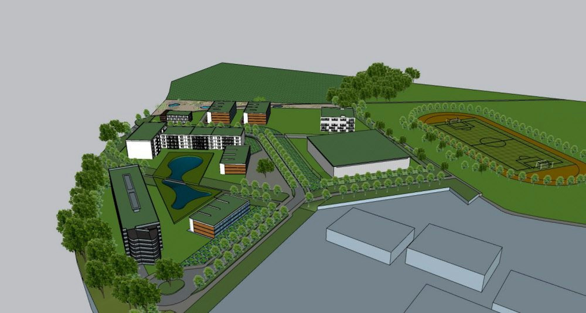 Blick auf eine Visualisierung mit mehreren Gebäuden.