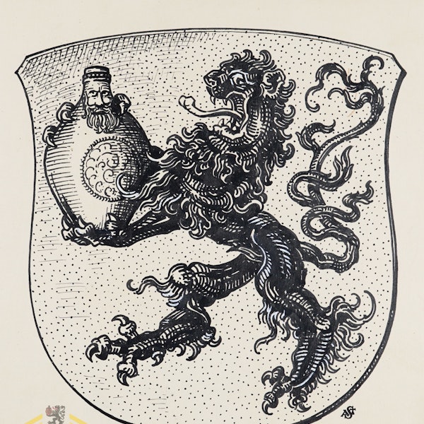 Eine alte Zeichnung zeigt einen Löwen, der einen Bartmannskrug hält.