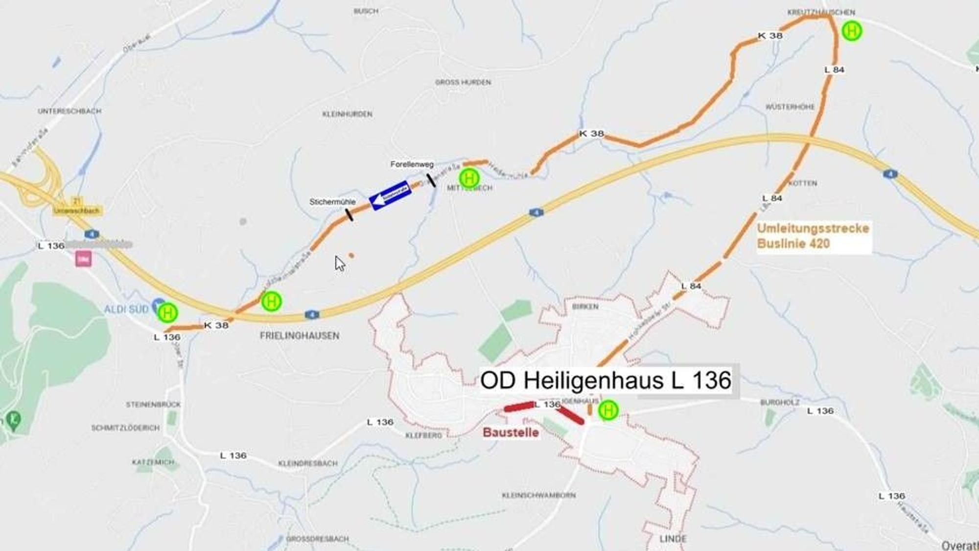 Eine Karte zeigt die Umleitungsstrecke für Busse, die von Heiligenhaus über Kreutzhäuschen und durchs Holzbachtal ins Overather Sülztal fahren.