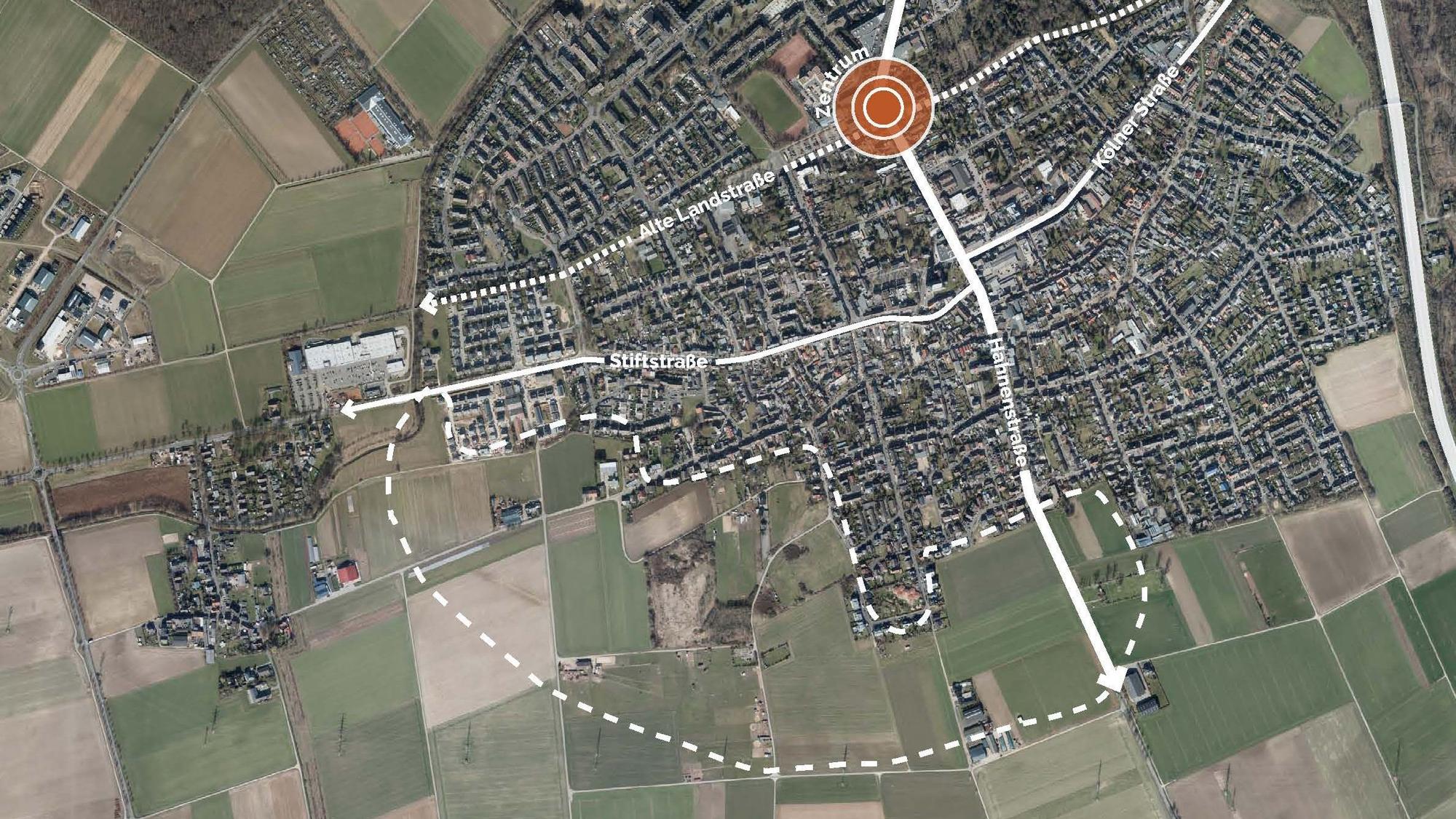 Ein Luftbild mit Straßenverläufen und dem eingezeichneten Neubaugebiet.