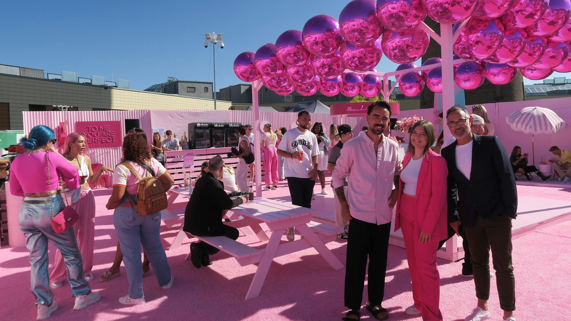 Auf dem Dach ist alles Pink. Der Teppich und das Mobiliar.