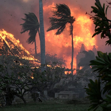 Die Halle der historischen Waiola Church in Lahaina und die nahe gelegene Lahaina Hongwanji Mission stehen in Flammen. Der Küstenort auf Maui ist mittlerweile nahezu komplett niedergebrannt.