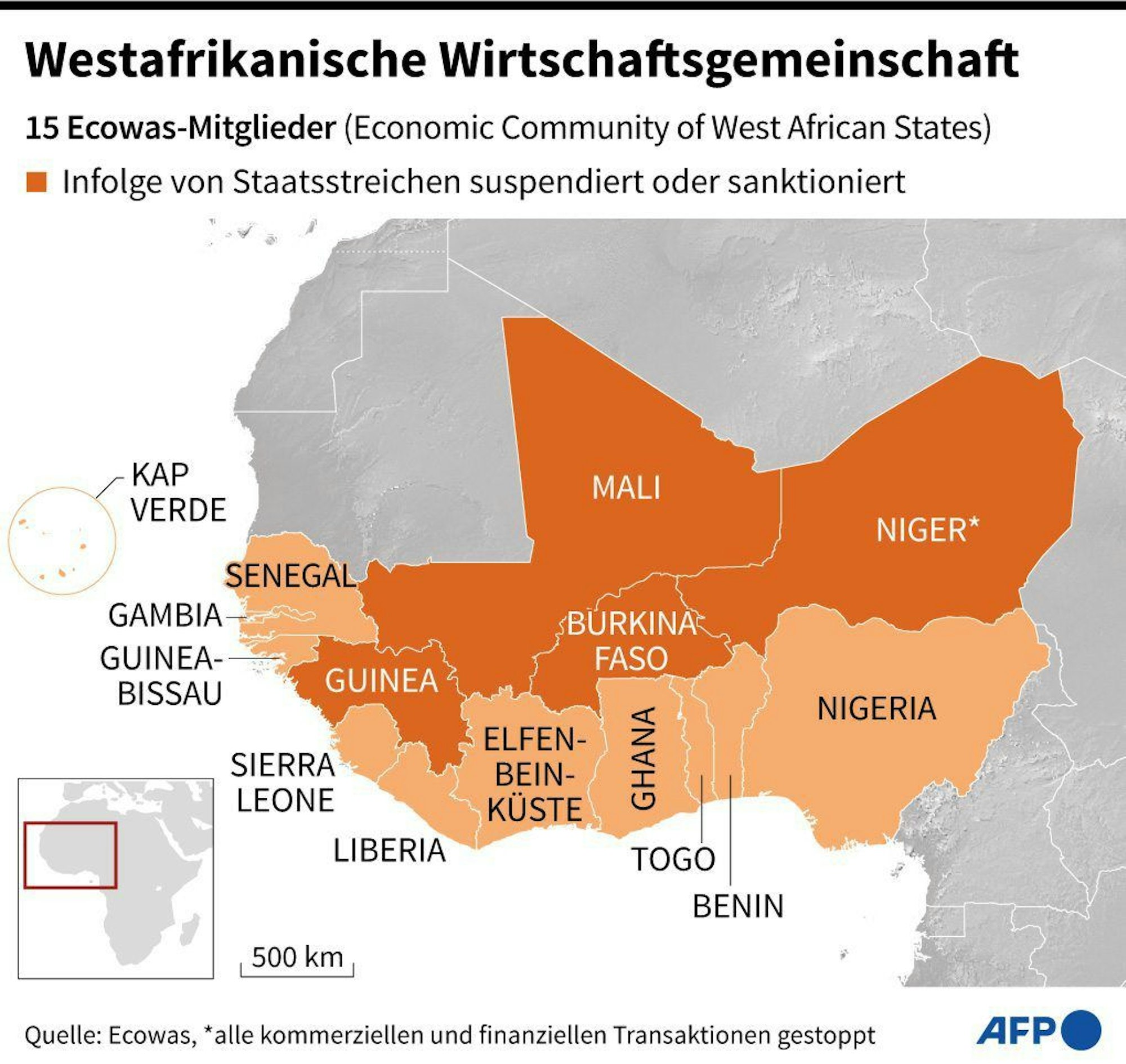 Sondergipfel der Ecowas-Länder zur Lage im Niger nach Staatsstreich: Karte mit Ecowas-Staaten.
