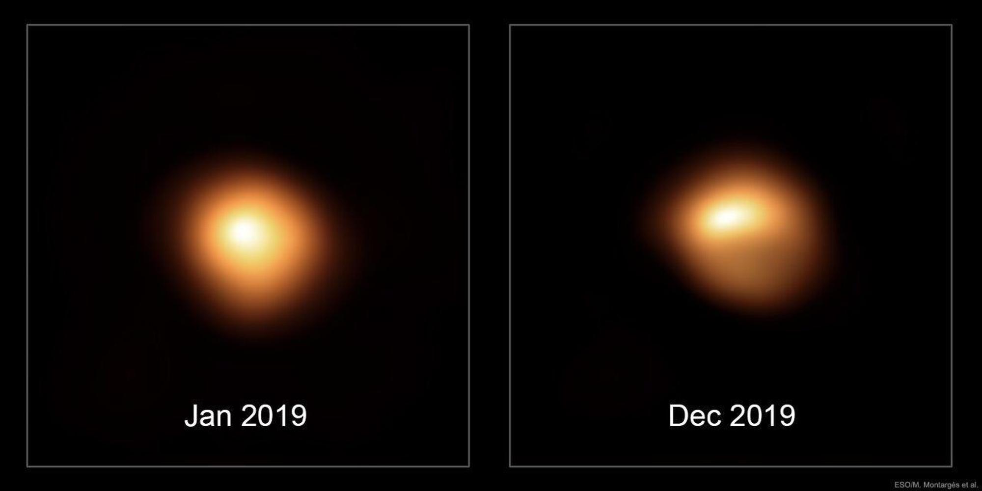 Die beiden Bilder, die mit dem Very Large Telescope der Europäischen Südsternwarte aufgenommen wurden, zeigen, wie die Oberfläche des Sterns Anfang und Ende 2019 aussah.