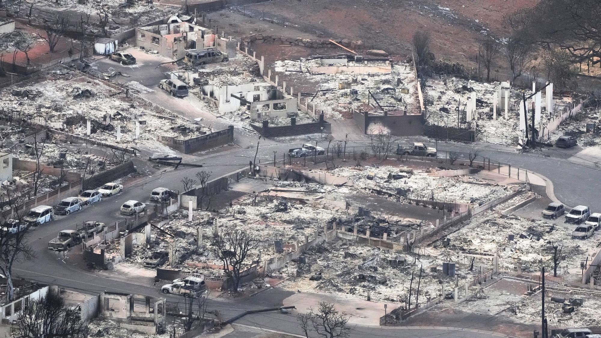 Eine durch einen Waldbrand zerstörte Gegend in Lahaina.