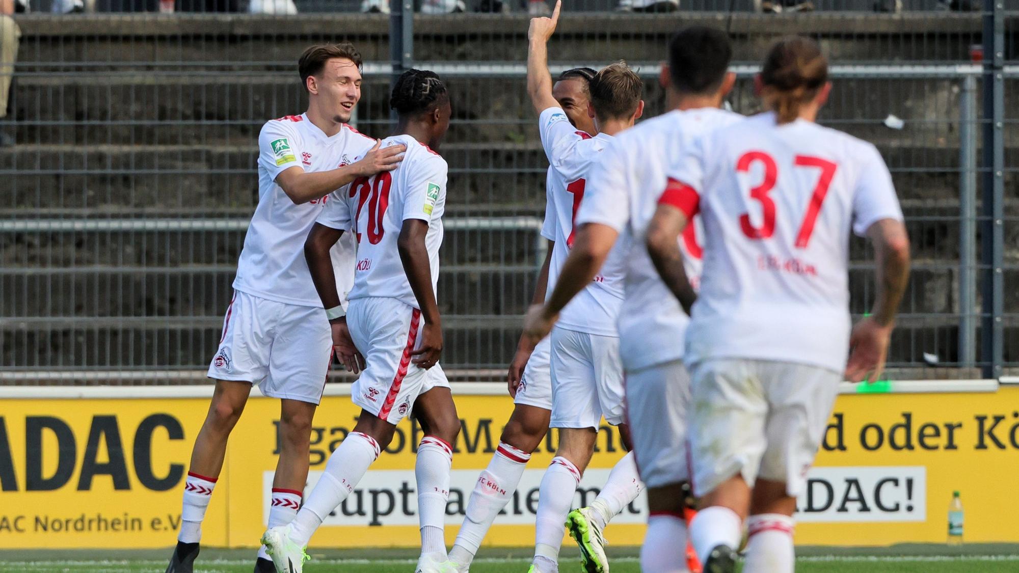 1. FC Köln Amateure (U21) vs. 1. FC Bocholt, Regionalliga West, Saison 2023/24, Jubel nach dem Tor zum 1:0 durch Pierre Nadjombe (1. FC Köln), 12.08.2023, Bild: Herbert Bucco