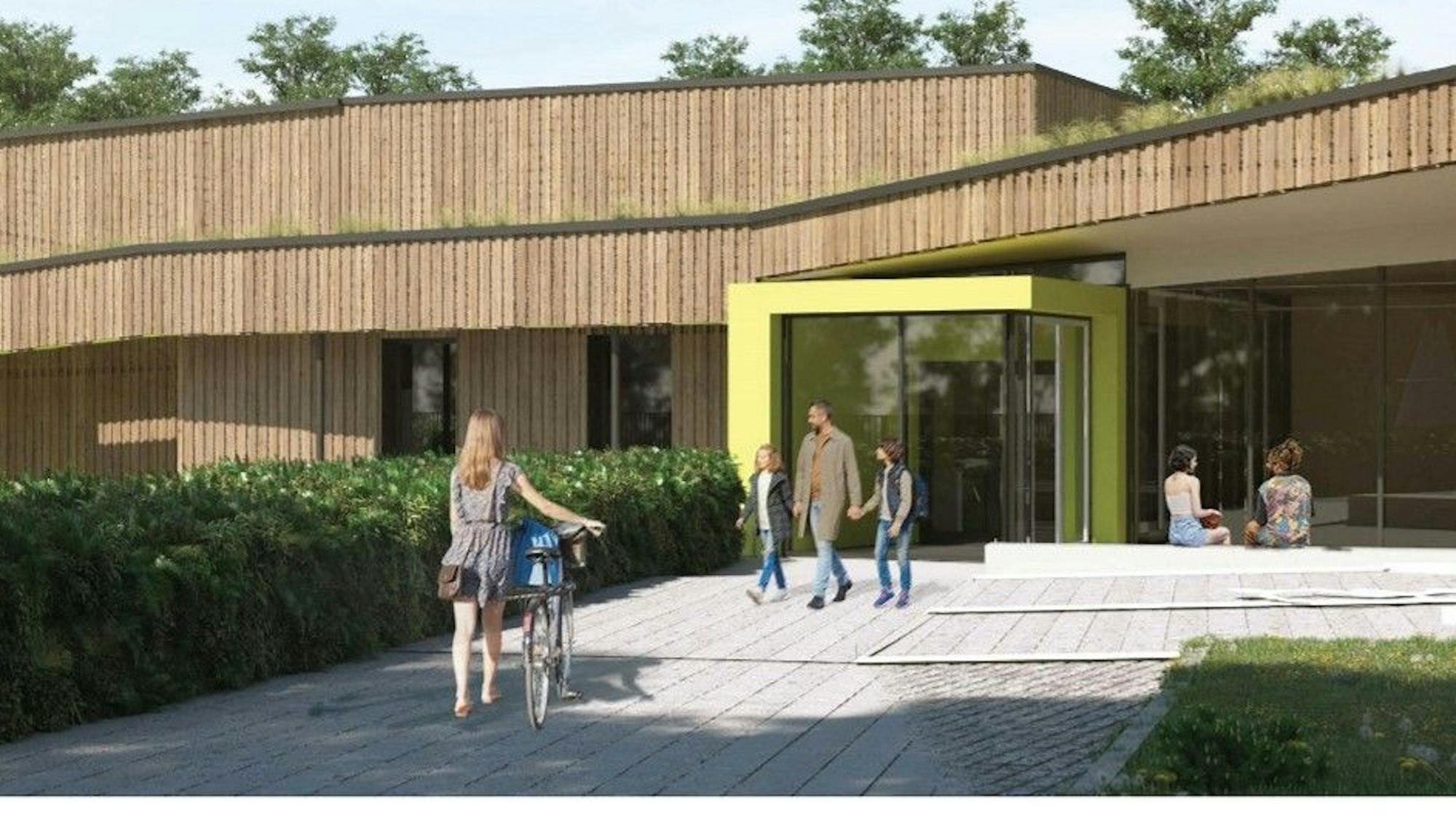 Das Foto zeigt eine visualisierte Außenansicht der neuen Schwimmhalle am Mohnweg in Refrath.