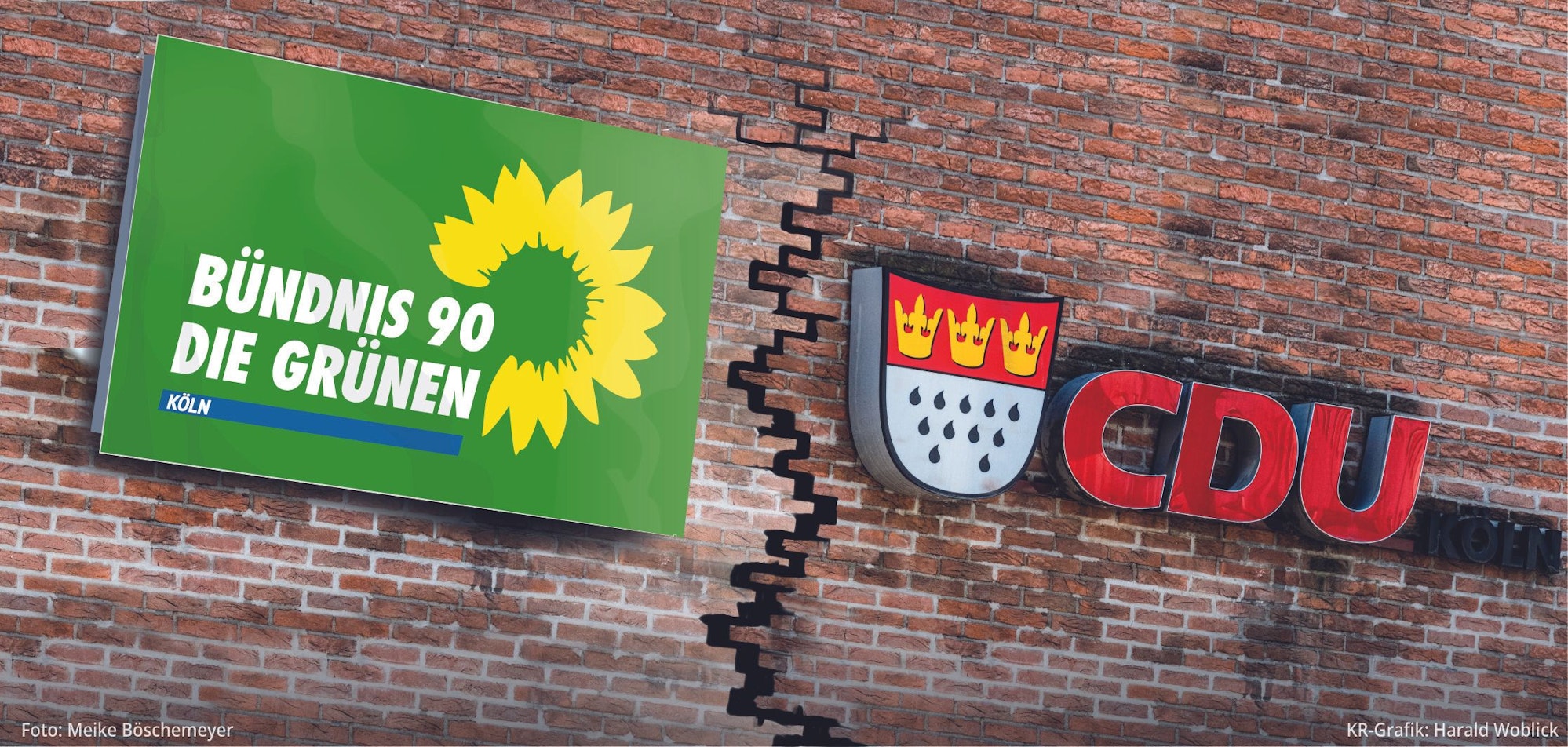 Die Fotomontage zeigt eine Backsteinwand, die einen Riss hat. Auf je einer Seite hängt das Logo von den Grünen und der CDU.