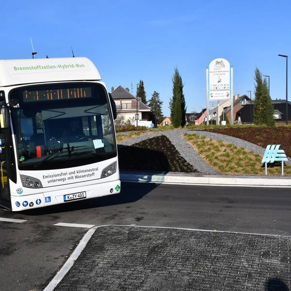 Ein weißer Linienbus fährt in einem Kreisverkehr.
