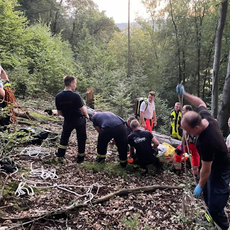 Feuerwehrleute im Einsatz an einem Hang.