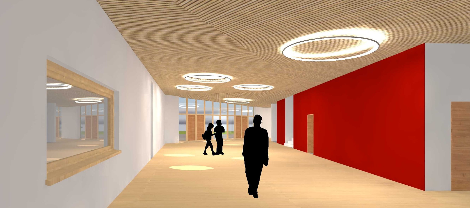 Eine Visualisierung zeigt Figuren in einem Raum mit beigem Boden, runden Deckenleuten und einer roten Wand.