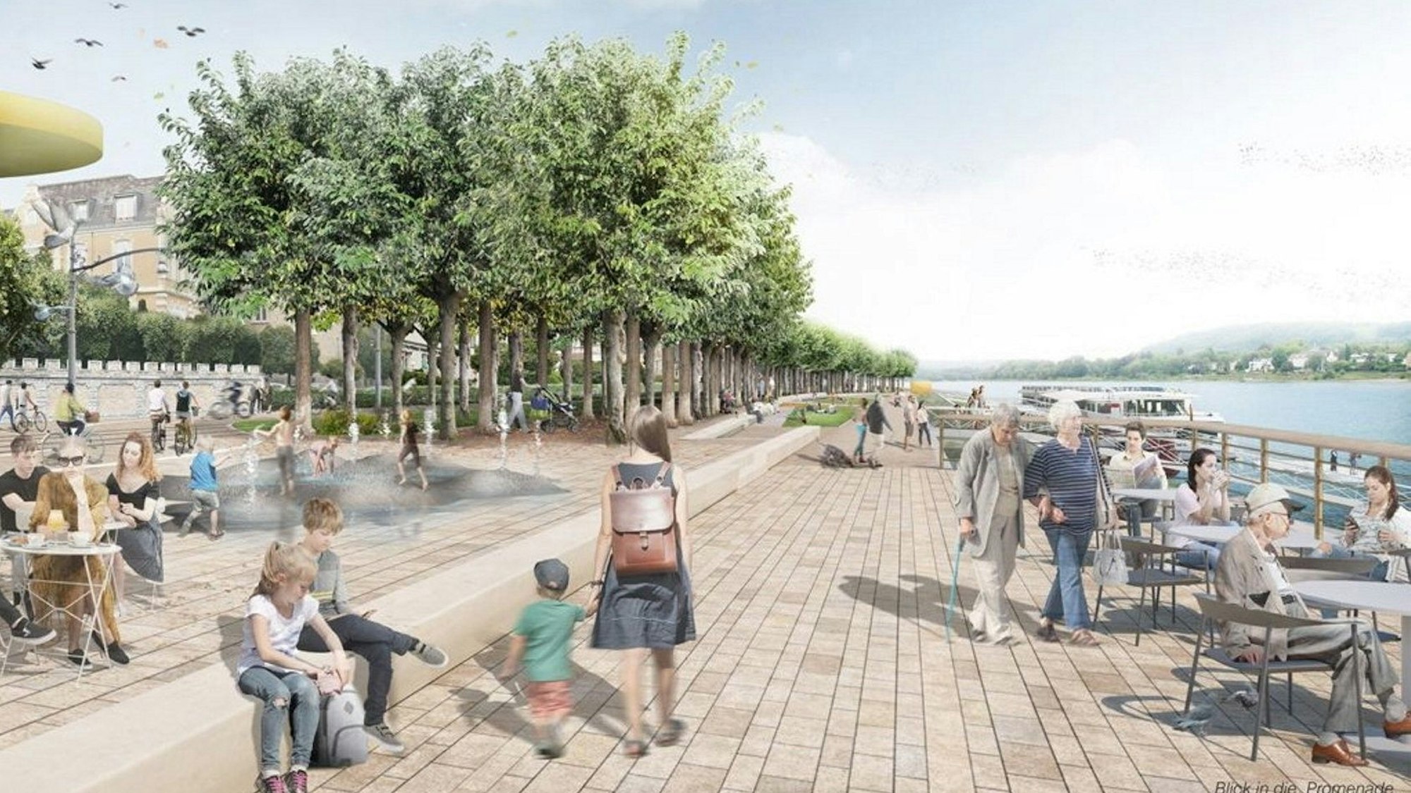 Eine Visualisierung zeigt die künftige Rheinpromenade mit flanierenden und an Tischen sitzenden Menschen.