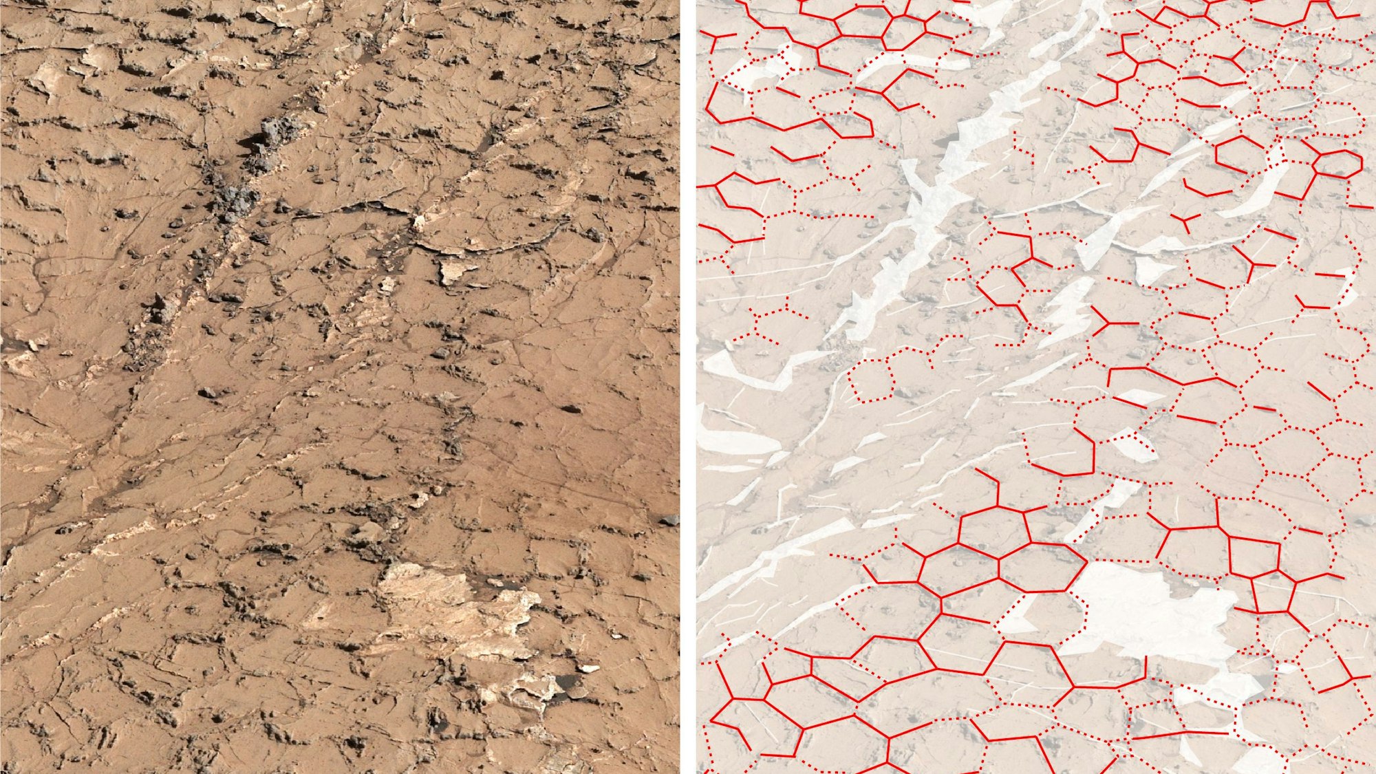 Eine Aufnahme des Mars-Rovers „Curiosity“ verdeutlicht die sechseckigen Schlammplatten, die auf dem Mars gefunden wurden. Sie sollen Hinweise auf Leben auf dem roten Planeten geben.