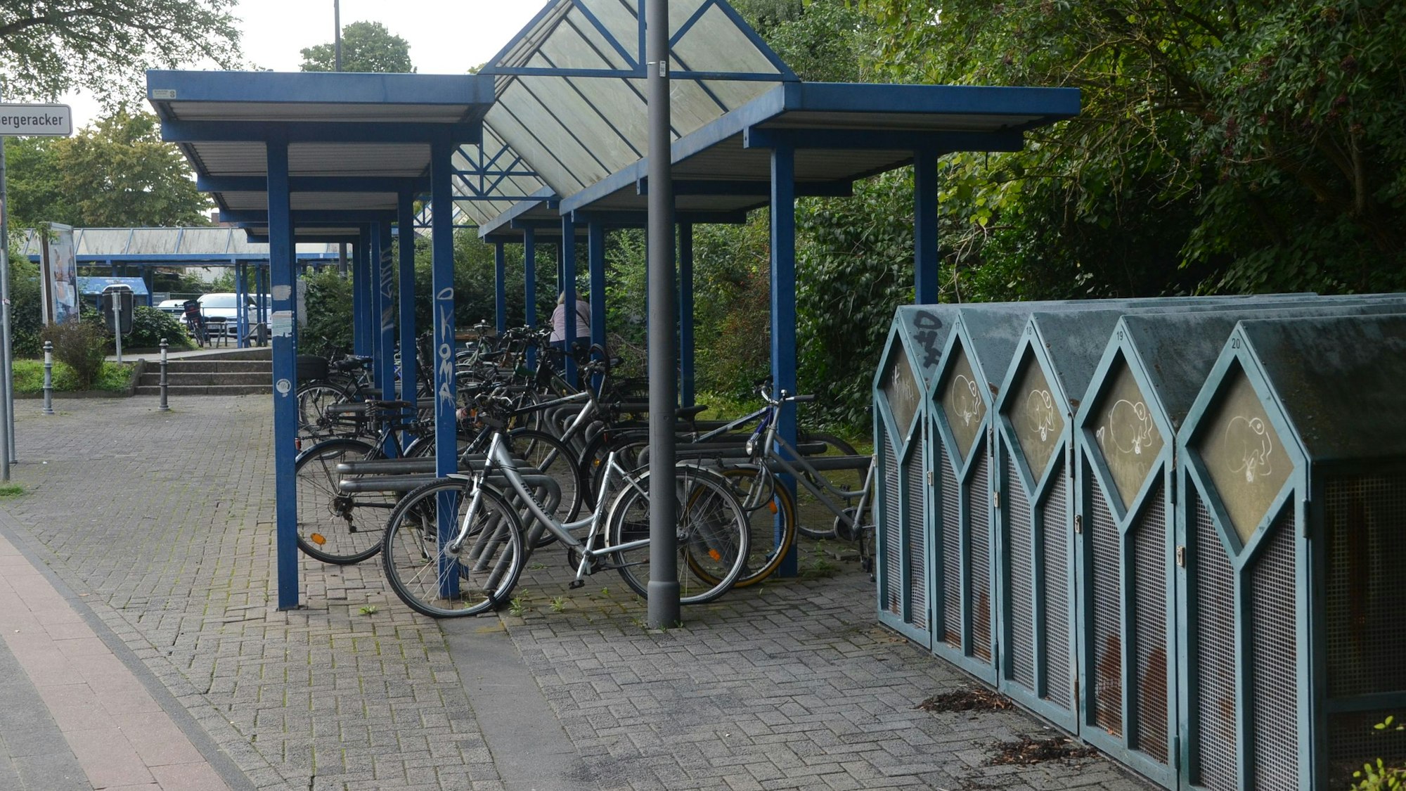 An einer bewachsenen Böschung stehen fünf Gitterboxen mit einem Firstdach, dahinter ist ein überdachter Abstellplatz für Fahrräder. Das Metall ist blau lackiert, die Fahrrboxen sind alt und ziemlich heruntergekommen.