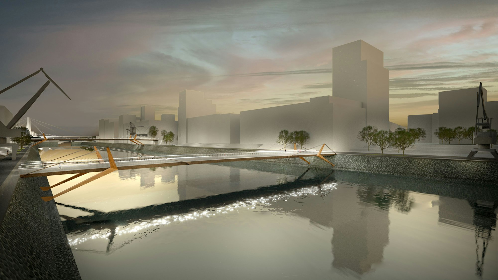 Rendering der neuen Brücken im Deutzer Hafen bei Nacht