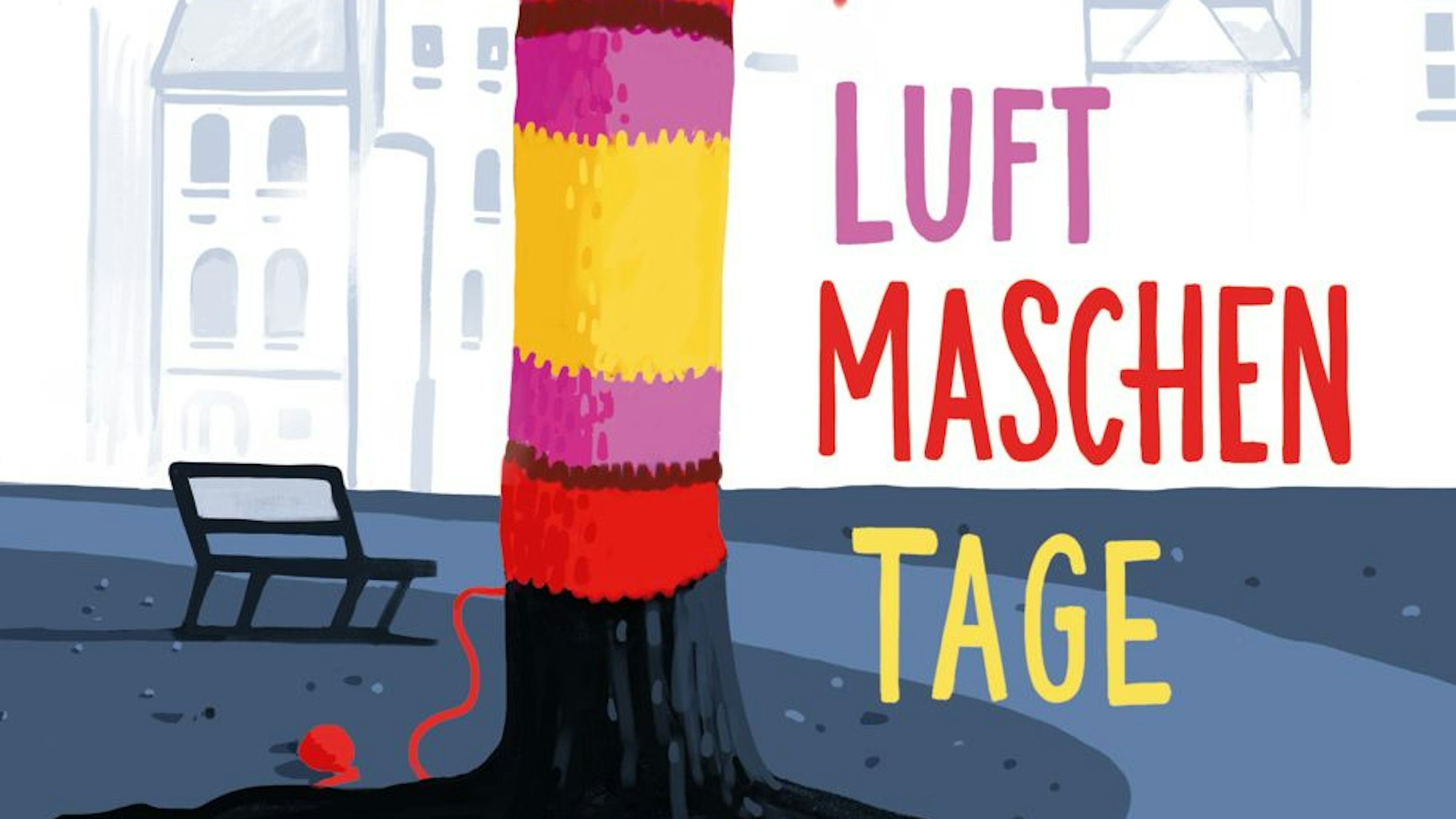 Cover Jugendbuch Luftmaschentage von Anne Becker, erschienen beim Verlag Beltz & Gelberg. Auf dem Cover zu sehen ist ein mit Wolle umhäkelter Baumstamm.