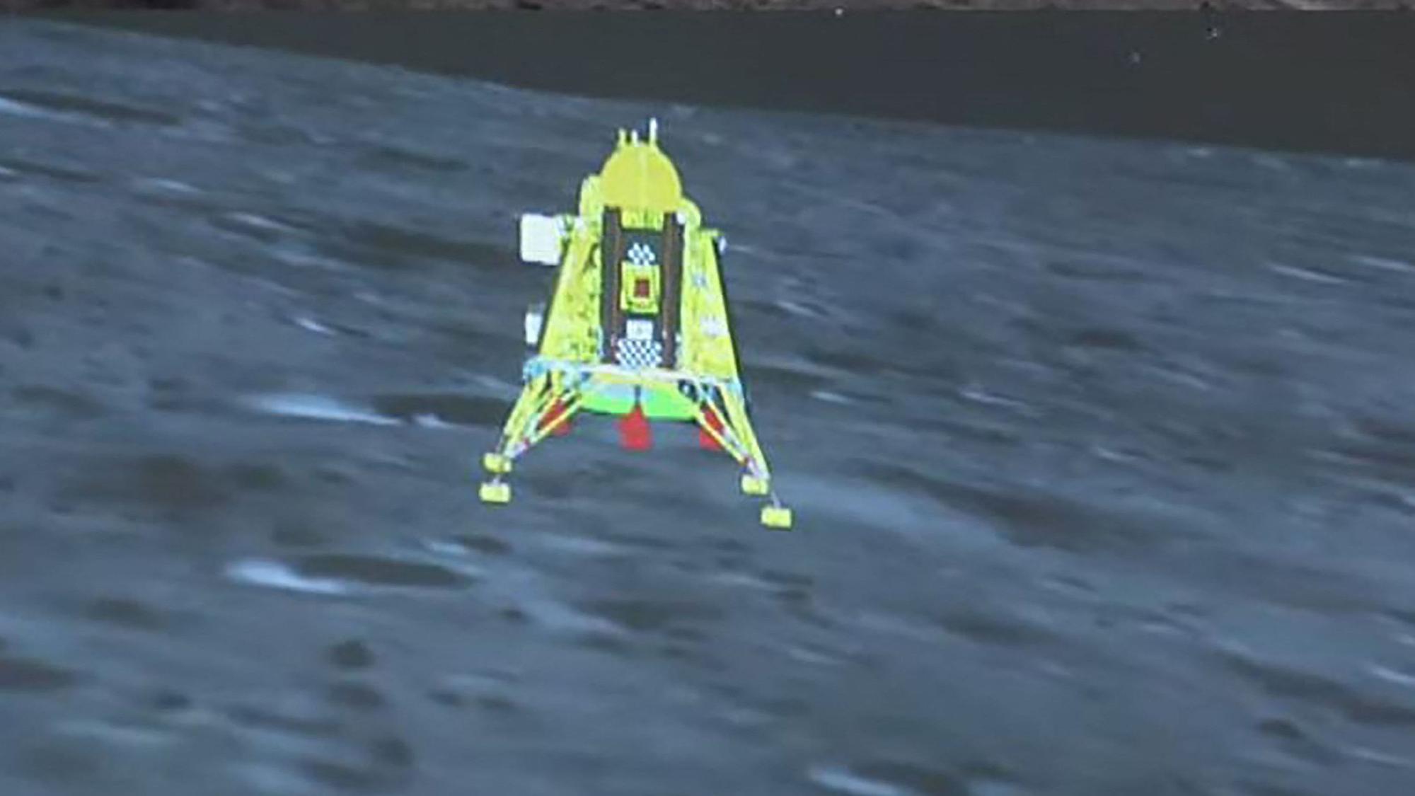 Dieser Screenshot vom Live-Feed der Website der Indian Space Research Organization (ISRO) zeigt die erfolgreiche Mondlandung der Raumsonde Chandrayaan-3 auf dem Südpol des Mondes.