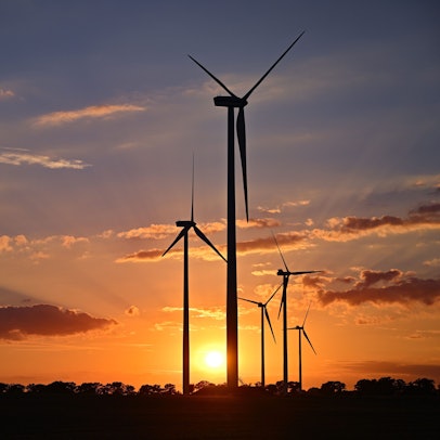 Fünf Windräder in einem Windpark in der Abendsonne.
