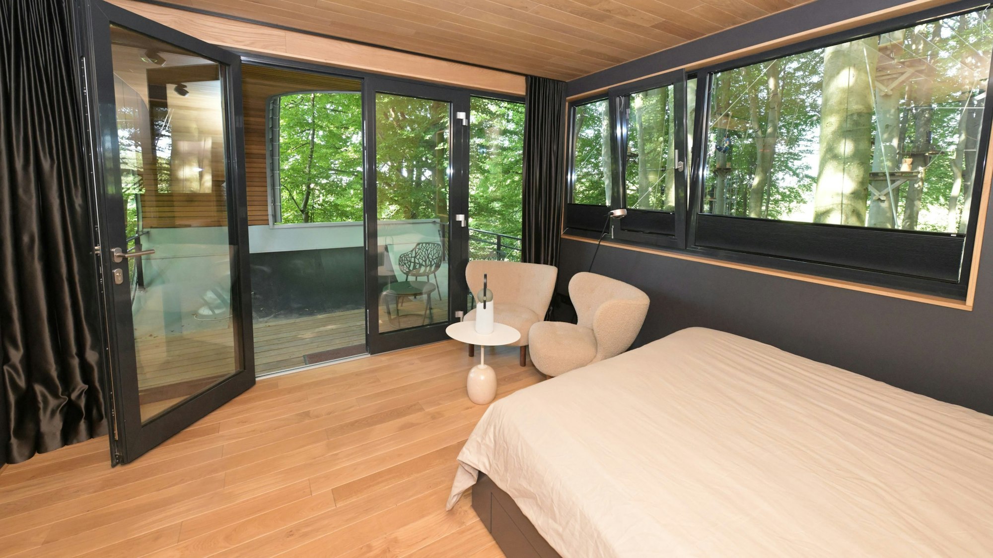 Ein Schlafzimmer im Baum mit großen Fenstern, durch die man alte Buchen sieht.