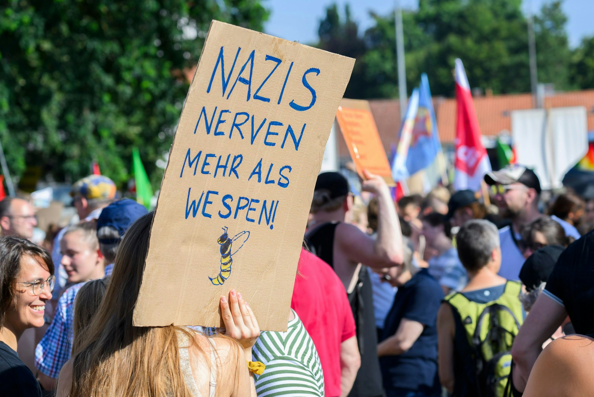 19.08.2023, Niedersachsen, Celle: Demonstranten halten ein Plakat mit Aufschrift ·Nazis nerven mehr als Wespen· bei einer Demonstration gegen den Landesparteitag der AfD Niedersachsen in der Congress Union Celle. Niedersachsens AfD kommt am Wochenende in Celle zu einem Landesparteitag zusammen. Foto: Julian Stratenschulte/dpa +++ dpa-Bildfunk +++