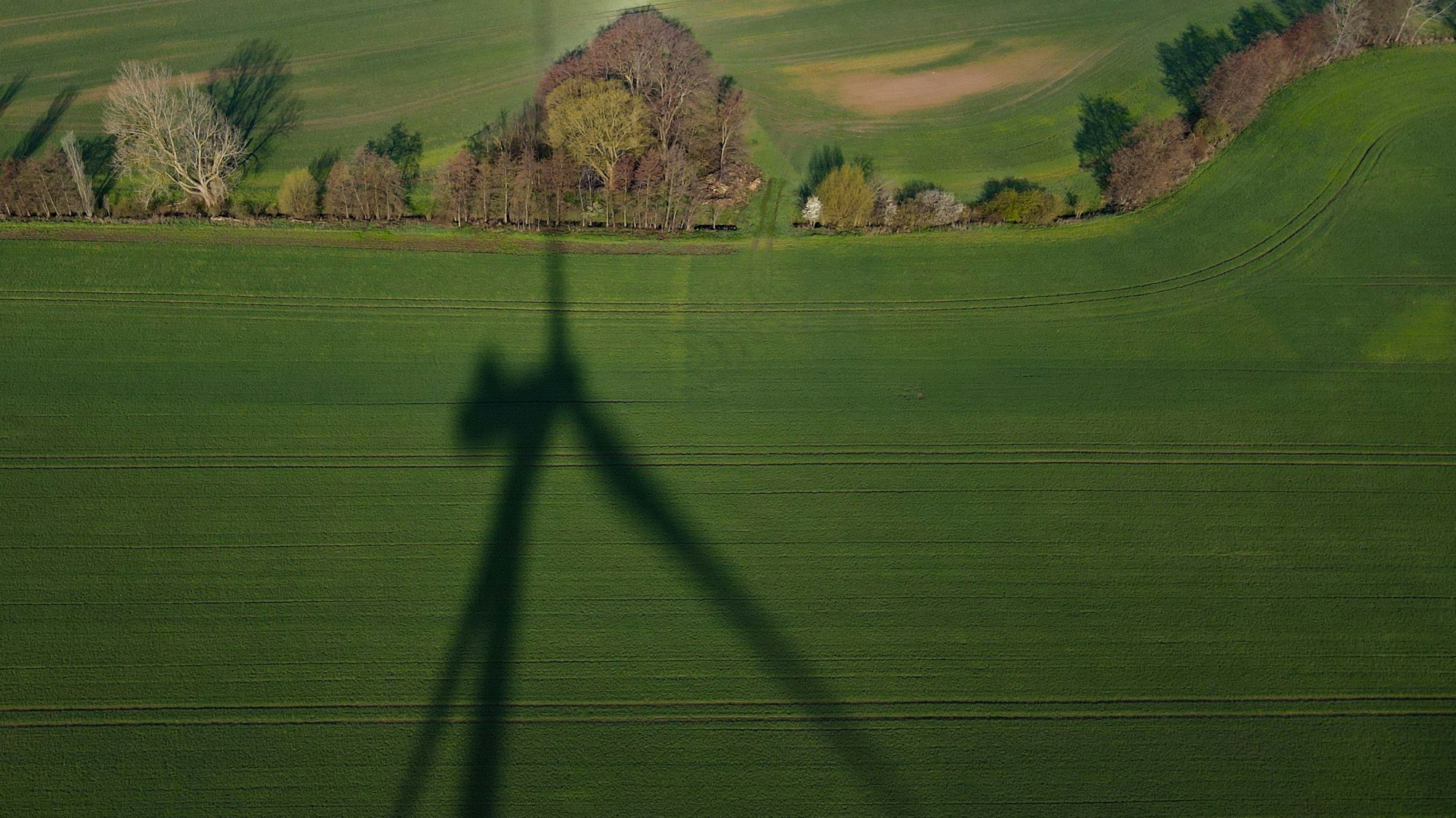 Der Schatten einer Windenergieanlage fällt auf eine Wiese.