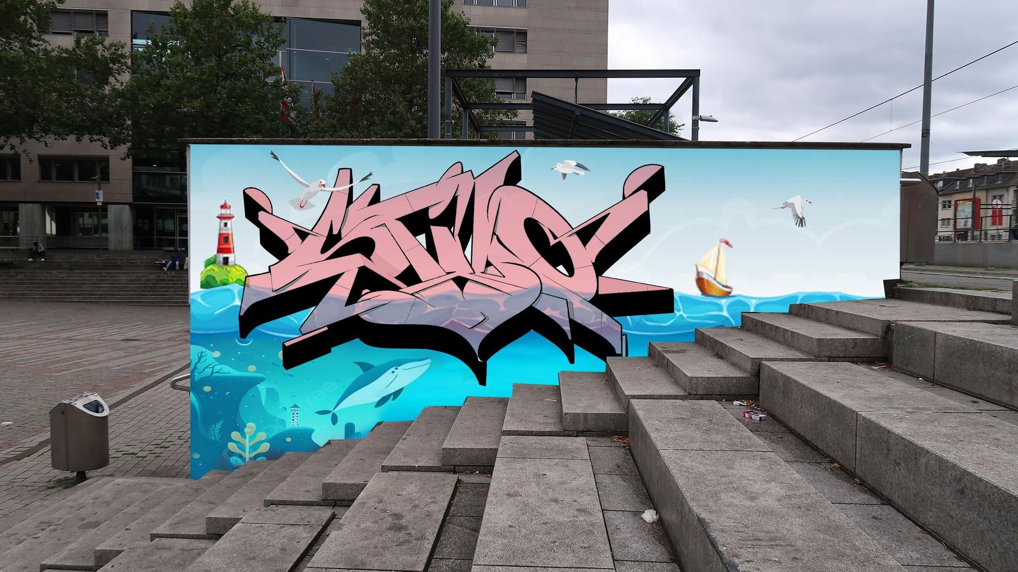 Ein großes Graffito ist teilweise zu sehen, es steht halb verborgen hinter den Treppen am Wiener Platz.
