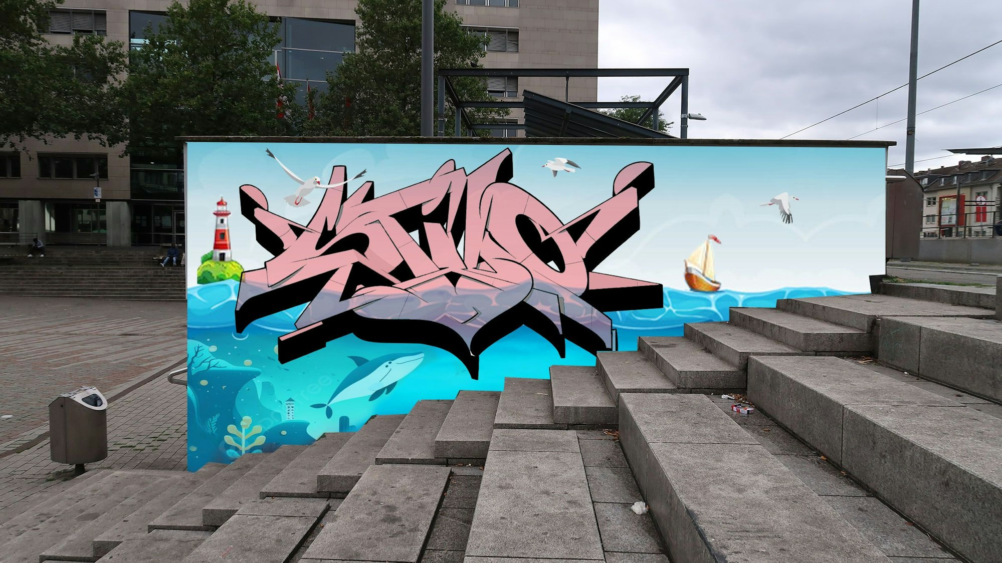 Ein großes Graffito ist teilweise zu sehen, es steht halb verborgen hinter den Treppen am Wiener Platz.